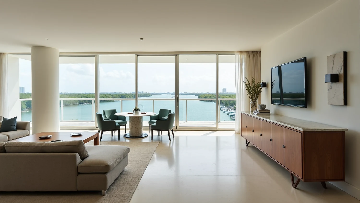 Wide living and dining room in an established Aventura tower, with a free standing rounded column, sliding glass across the far wall onto a balcony over the Intracoastal Waterway with mangrove shoreline and moored boats, a taupe sectional, green upholstered dining chairs and a long walnut credenza