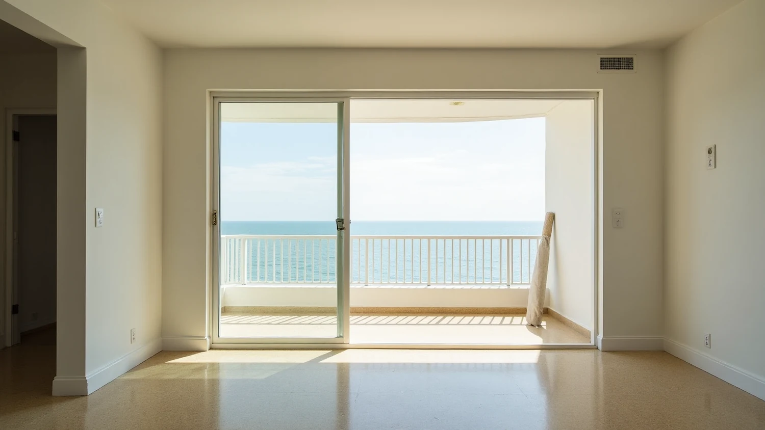 Empty mid century oceanfront apartment in Surfside during a careful interior renovation, freshly painted in warm white with polished cream terrazzo floor, a sliding glass door onto a balcony with a white metal railing over calm ocean, and a single roll of protective covering standing in the corner