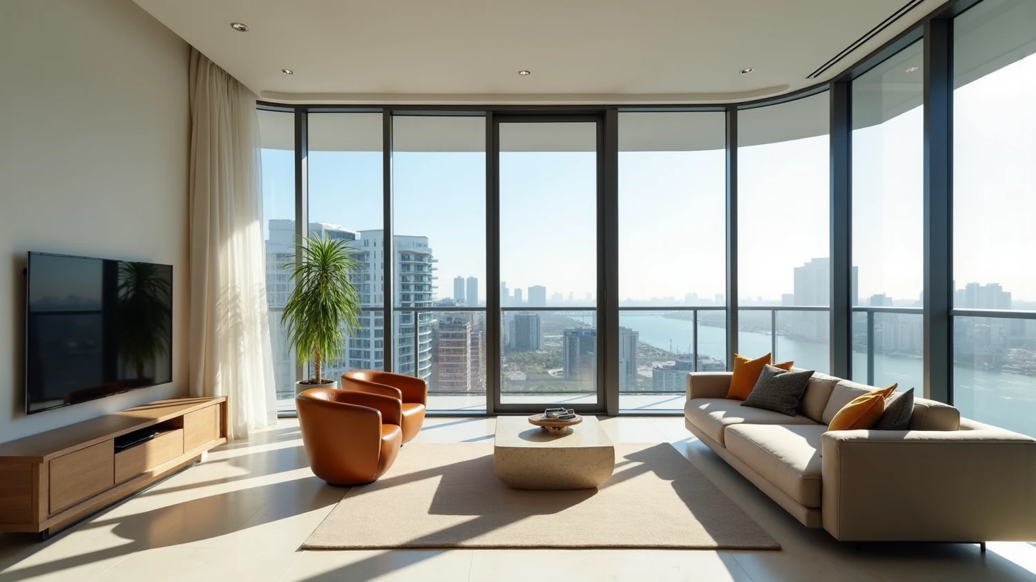 High floor apartment in a Brickell glass tower with a curved floor to ceiling curtain wall wrapping the corner over the city skyline and Biscayne Bay, a pale porcelain floor, two caramel leather swivel chairs, a sculptural stone coffee table, a low oak media console and a greige sofa along the glass