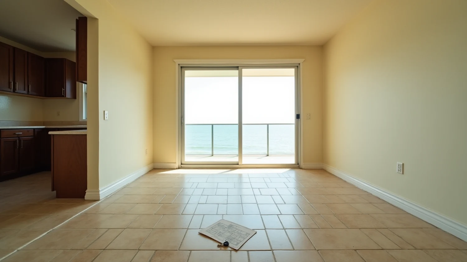 Empty oceanfront condominium apartment from an earlier era, with beige ceramic tile floor, cream walls, a dark dated timber kitchen through the opening on the left, an old aluminium framed sliding door onto the water, and a folded floor plan with a set of keys lying on the tile