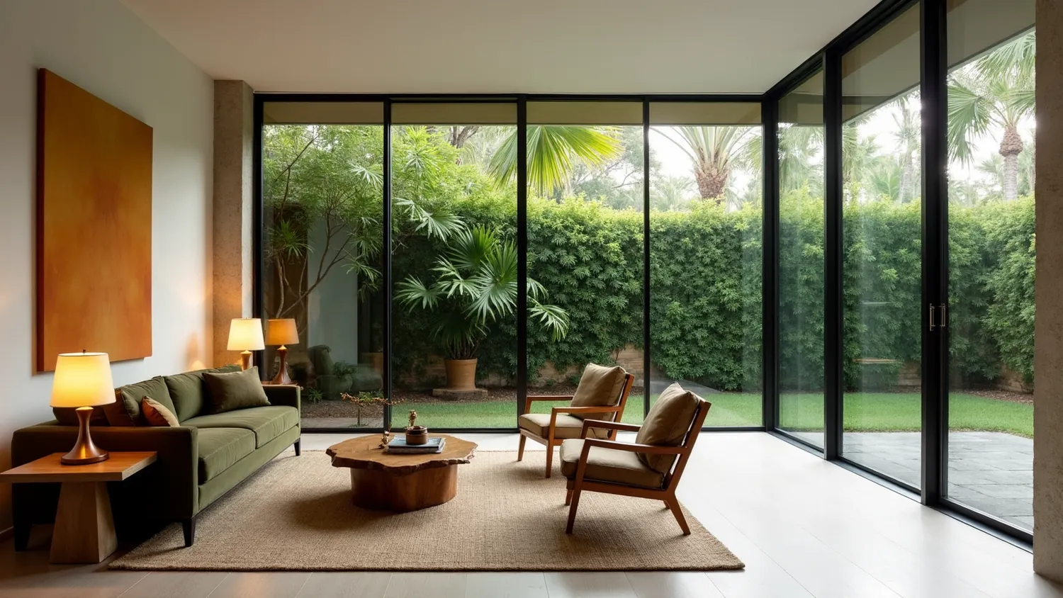 Living room in a Coconut Grove house where dense tropical foliage presses against full height steel framed glass, filtering the daylight green, with warm table lamps layered against it, an olive sofa, rattan and wood chairs and a live edge timber coffee table