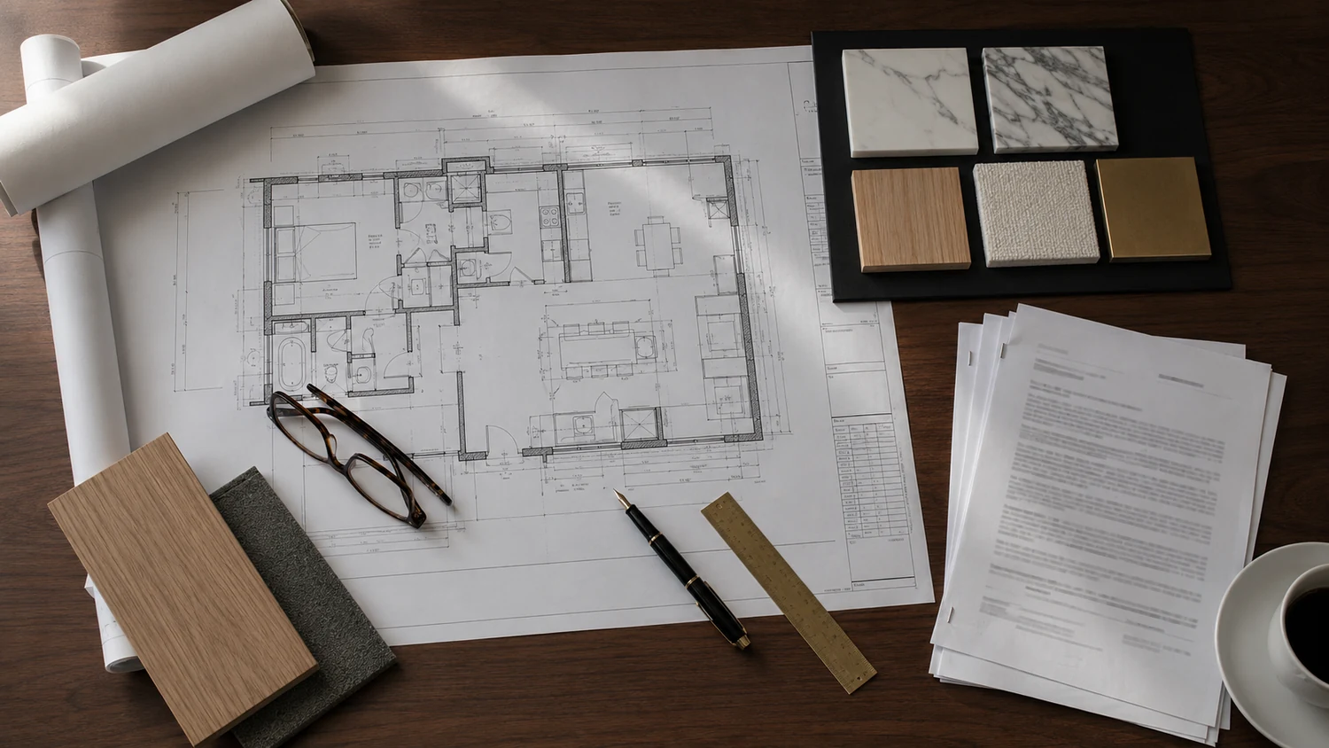 Overhead view of a condominium renovation submittal laid out on a dark wood table: unrolled architectural floor plans, a stack of stapled rules documents, reading glasses, a pen and brass ruler, and a sample board of marble, oak and fabric chips