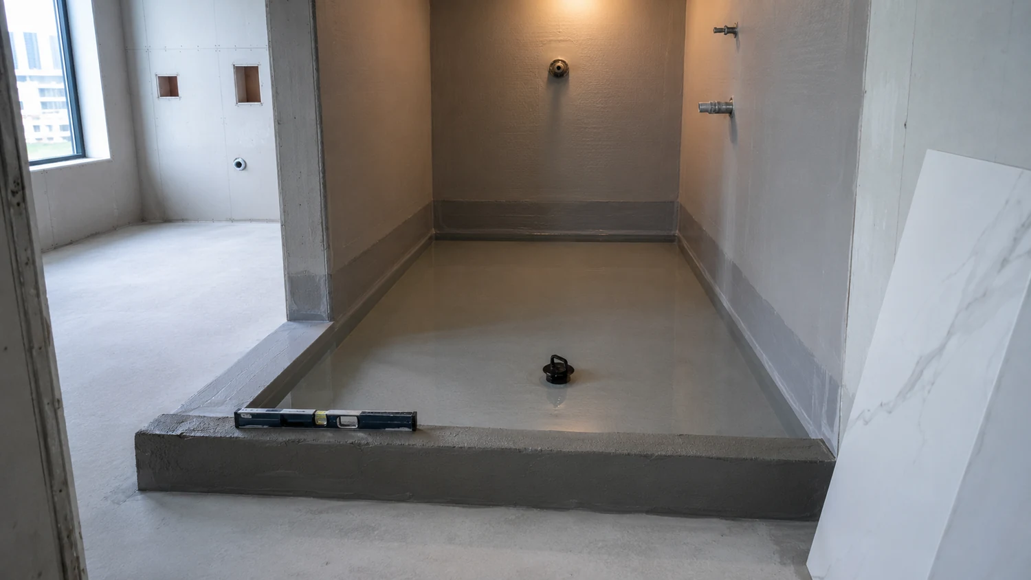 Shower pan water test in an unfinished Miami condominium bathroom, with the drain sealed by a black rubber plug, a hand formed mortar curb holding water inside the compartment, rough plumbing stub outs in the wall and a spirit level resting on the curb