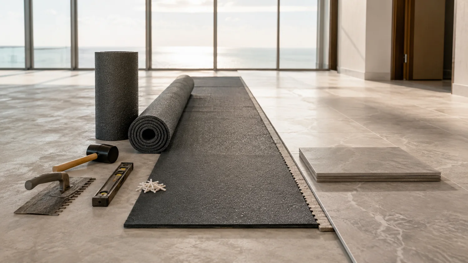 Low angle view of a floor installation in progress in an empty Miami condominium, showing bare concrete slab on the left, a charcoal acoustic underlayment partly unrolled with a second roll standing beside it, and large format pale stone tiles beginning on the right
