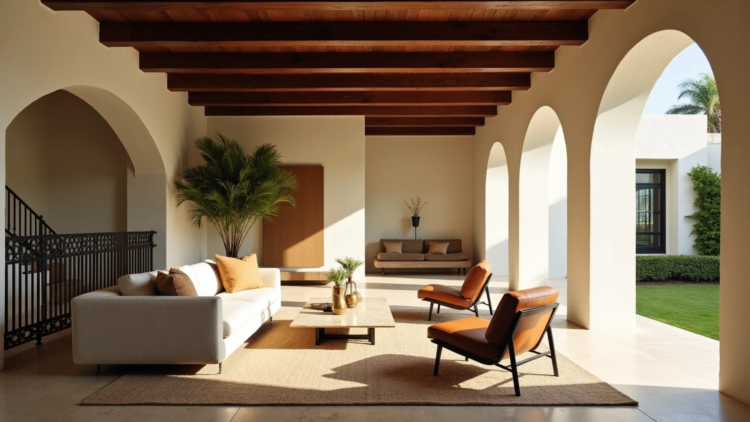 Mediterranean Revival living room in Coral Gables with a dark stained timber beam ceiling, deep arched openings casting long shadows across a honed limestone floor, a wrought iron stair railing, and modern low furniture in cream and cognac leather