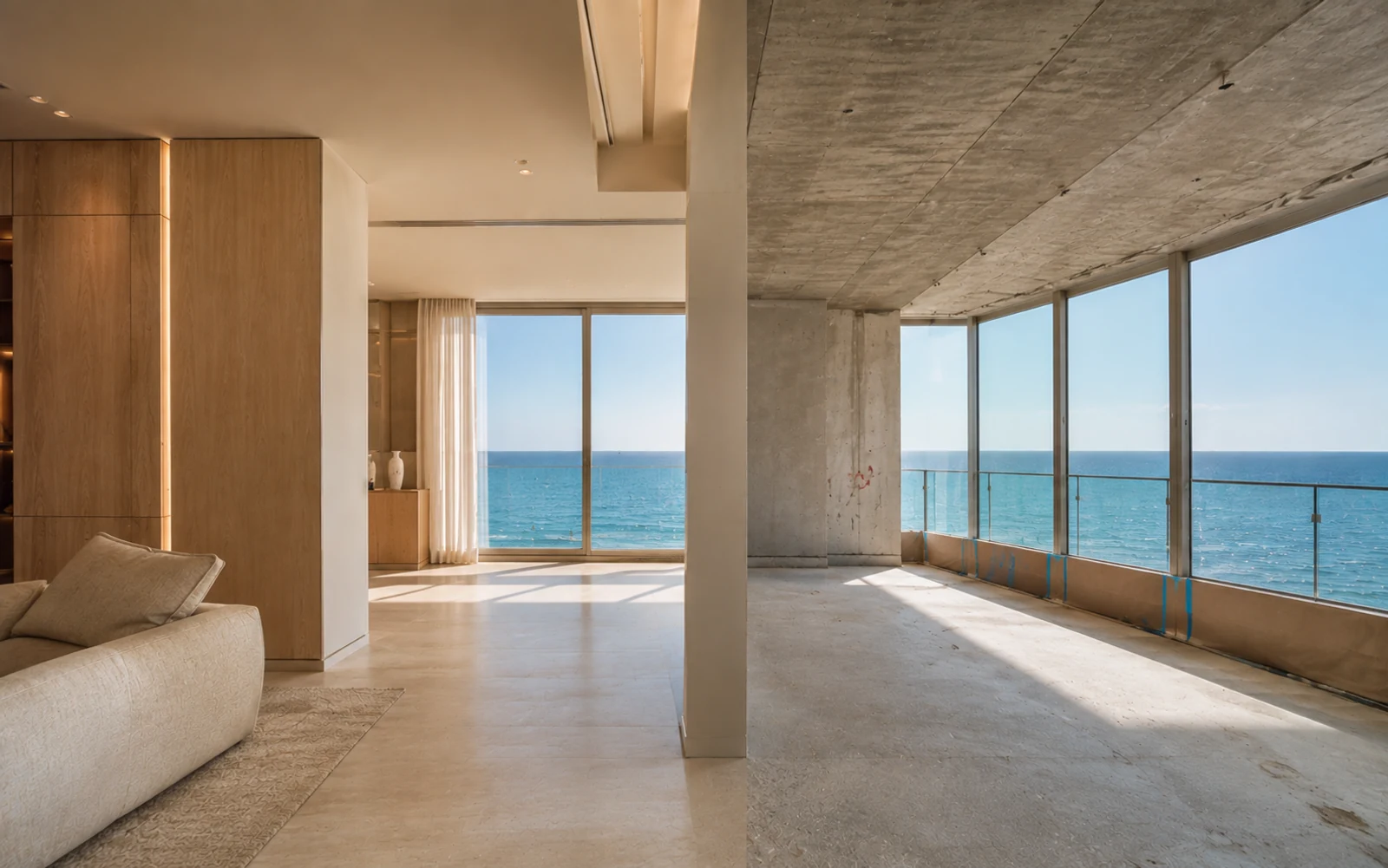 Oceanfront condominium interior in Miami mid-renovation, with one half finished in stone and pale oak and the other showing exposed concrete, against floor-to-ceiling windows