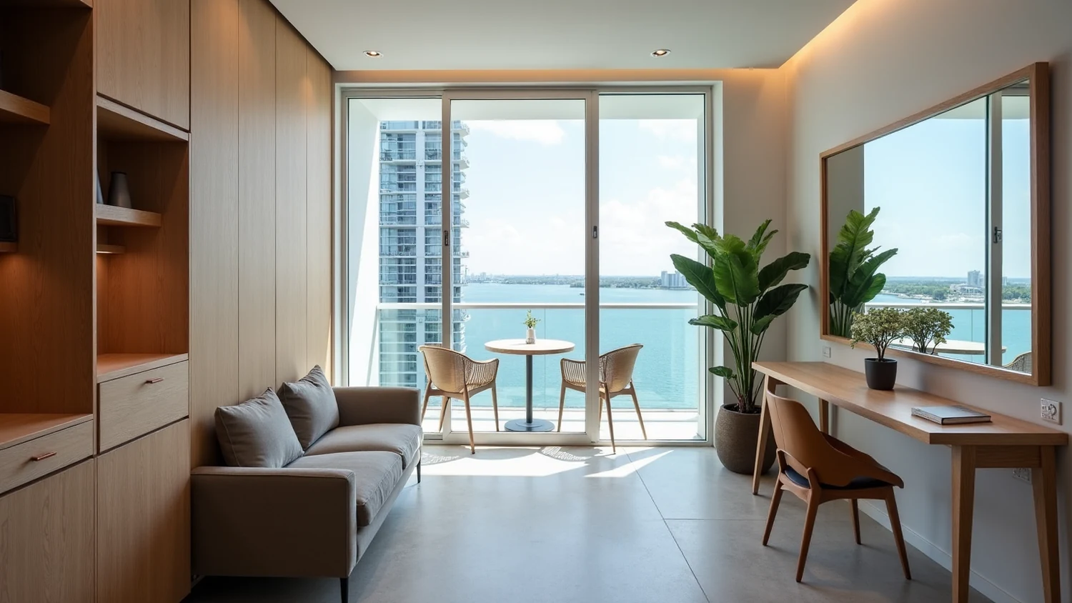 Compact apartment in a new Edgewater tower where a full height wall of pale oak joinery runs the length of the left side, a sliding door opens to a narrow balcony with two woven chairs over Biscayne Bay, a neighbouring glass tower stands close on the left, and a slim oak desk and wide mirror widen the room