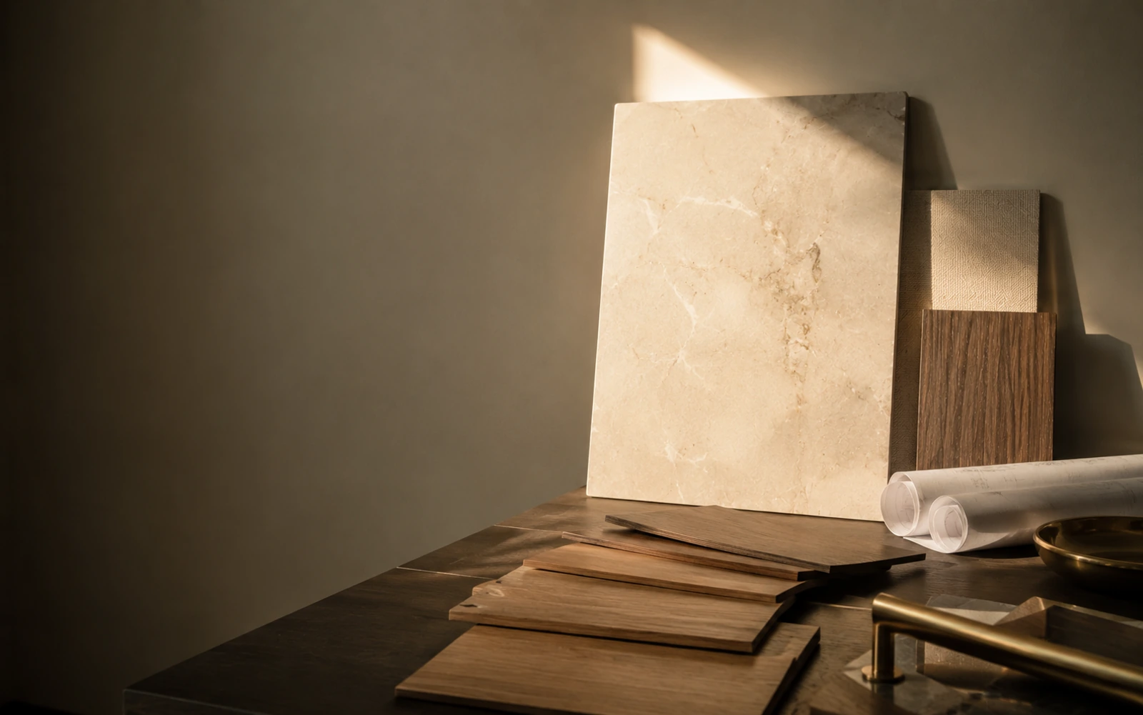 Corner of a luxury interior design studio with a large pale stone slab sample, fanned timber veneers and rolled drawings in warm directional light