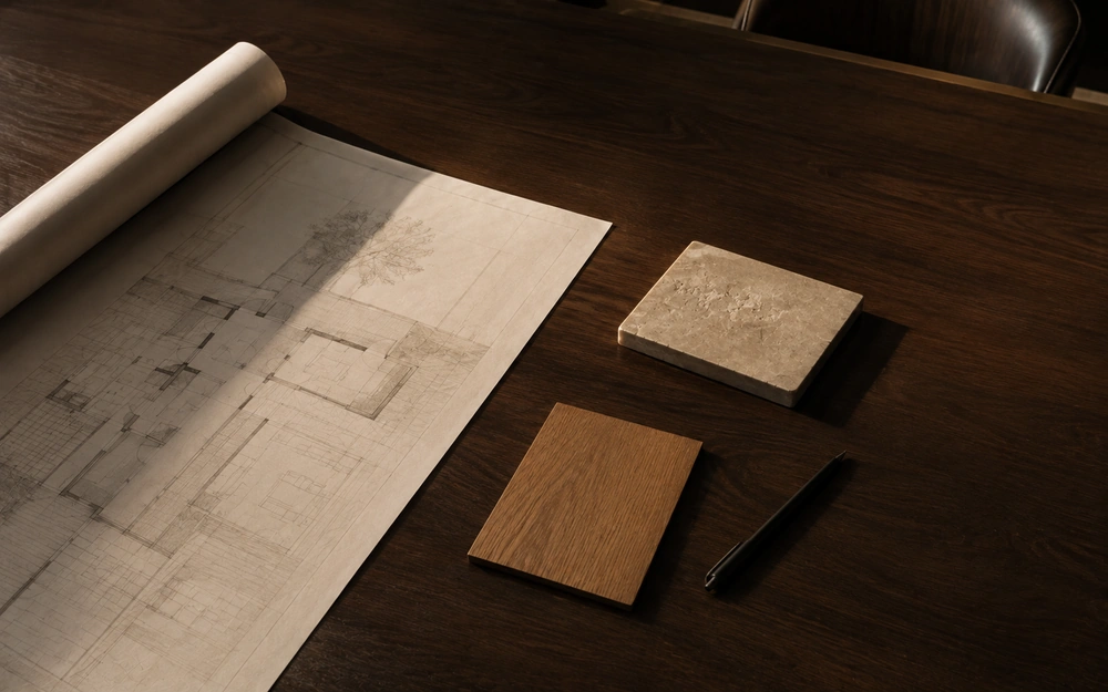 Architectural drawing partly unrolled beside stone and timber samples and a slim black pen on a dark walnut meeting table in a luxury design studio