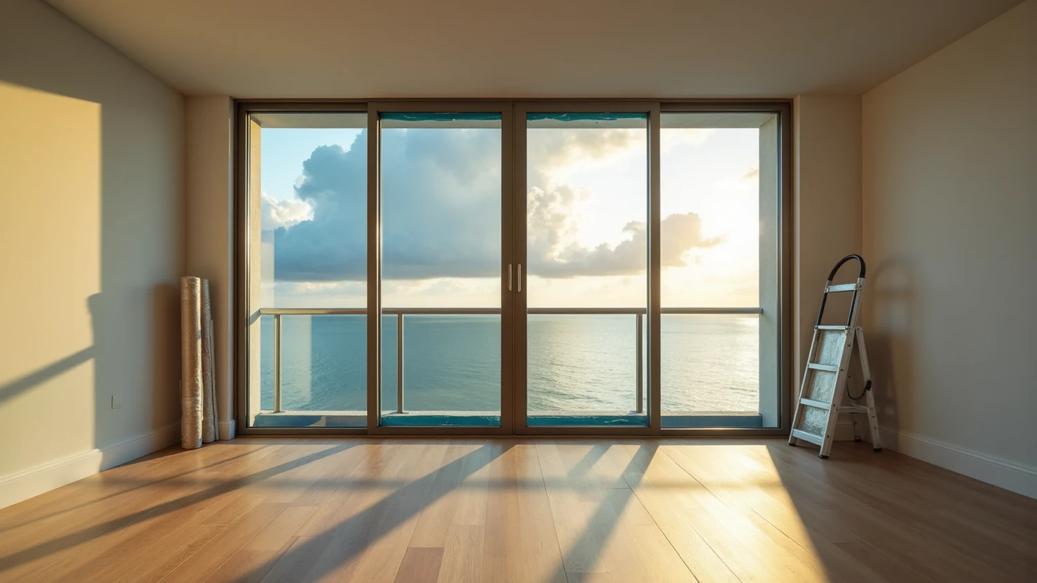 Empty finished apartment on the Florida coast with newly installed impact glazing in bronze frames still carrying blue protective film at the edges, evening cumulus cloud over calm water beyond, low sun throwing long window shadows across a pale oak floor, and rolls of floor protection and a step ladder stored against the walls