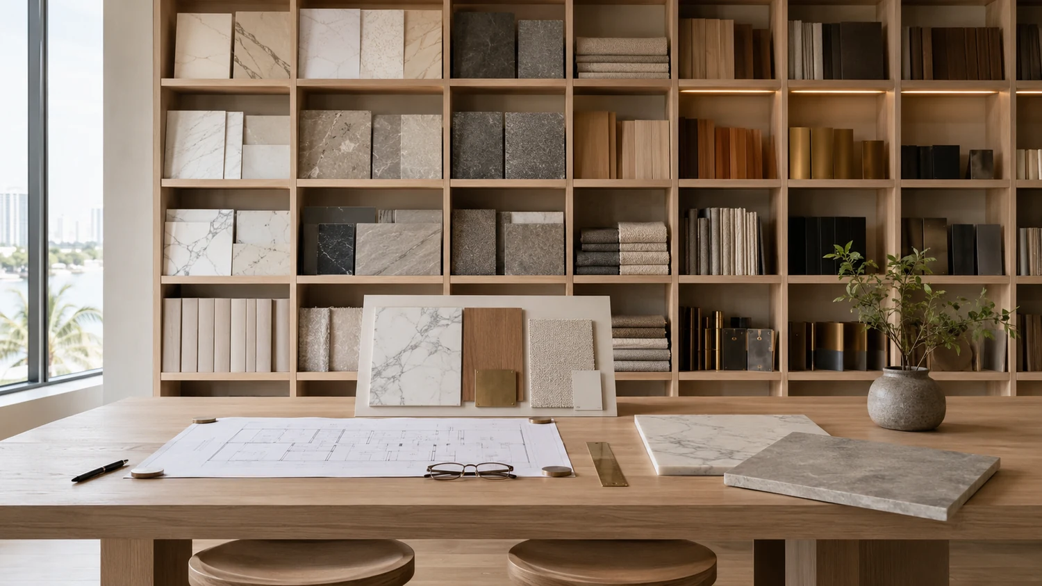 Interior design studio materials library, with a floor to ceiling pale oak shelving grid holding stone, tile, timber veneer and fabric samples, and a long oak worktable in front carrying an unrolled floor plan, a presentation board and reading glasses
