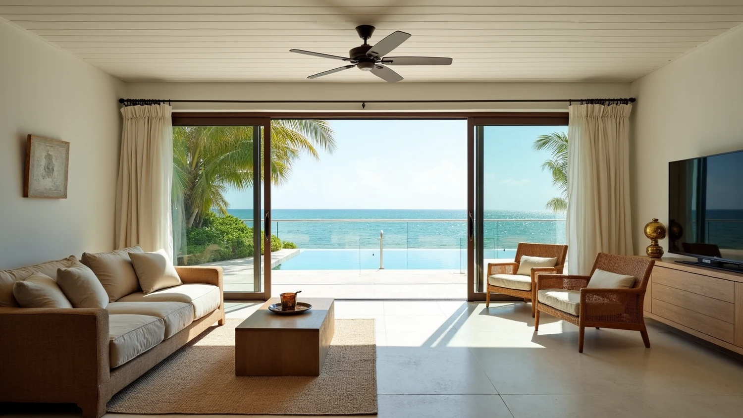 Coastal island living room on Key Biscayne with a white boarded ceiling and dark fan, sliding glass pulled open onto a terrace with an infinity pool and glass railing, palms framing turquoise water beyond, a sand linen sofa, woven rattan armchairs and a solid timber coffee table on a natural fibre rug
