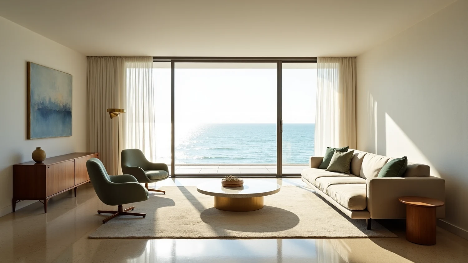 Mid century oceanfront apartment living room in Miami Beach with a cream terrazzo floor, floor to ceiling glass framing the Atlantic, sheer linen curtains, two sage green swivel chairs, a walnut credenza and a round travertine and brass coffee table