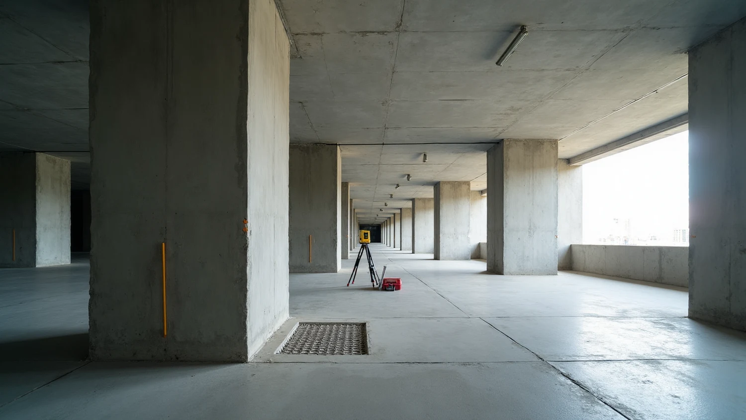 Concrete parking podium of a Miami residential tower during a structural inspection, with a long row of raw concrete columns receding into shadow, orange survey markings on a column, a yellow laser level on a tripod, and a small rectangle of slab opened in the floor to expose the reinforcement inside
