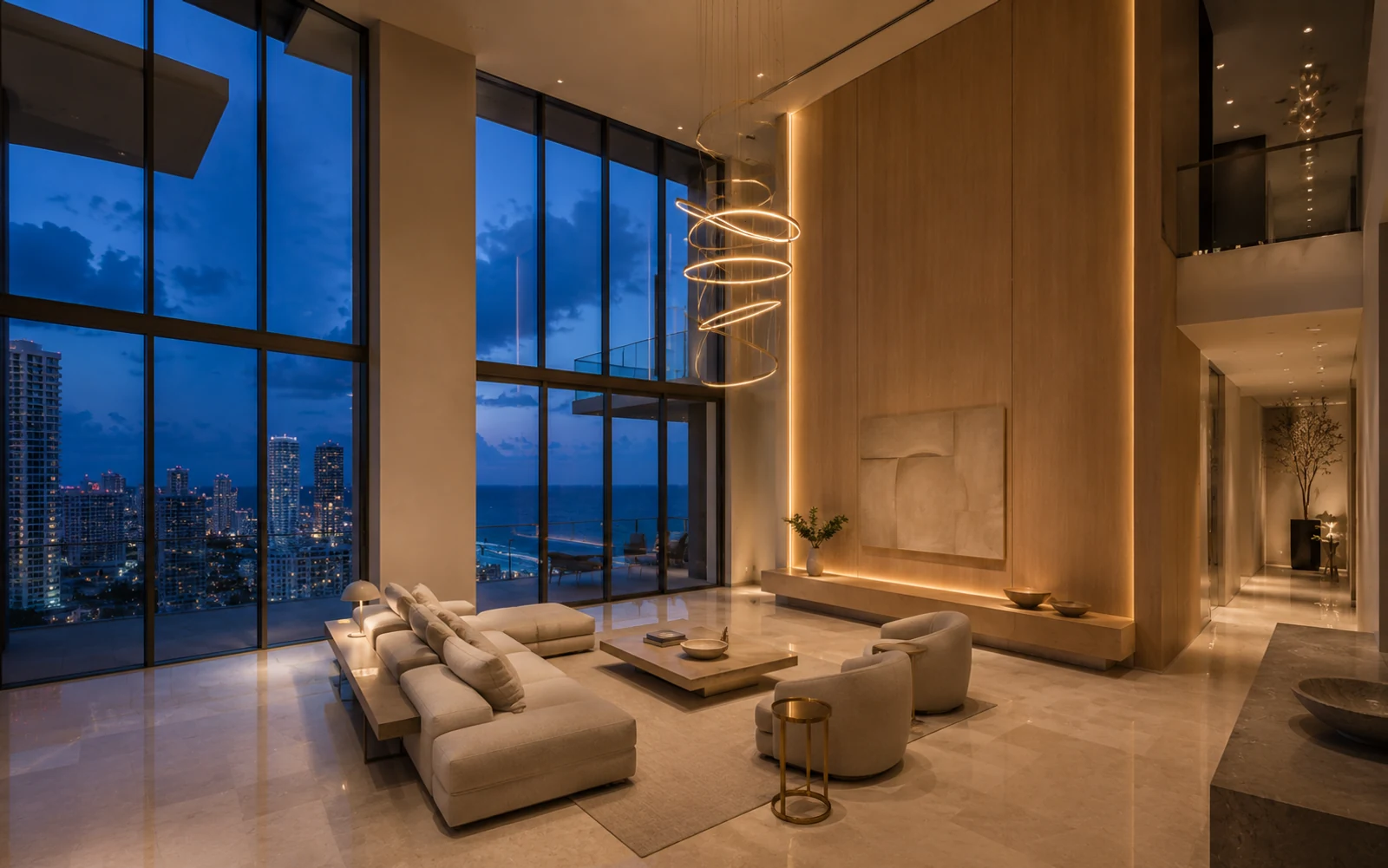 Double-height penthouse living space in Miami at blue hour, with full-height glazing framing the skyline, a sculptural pendant descending through the volume and warm interior lighting