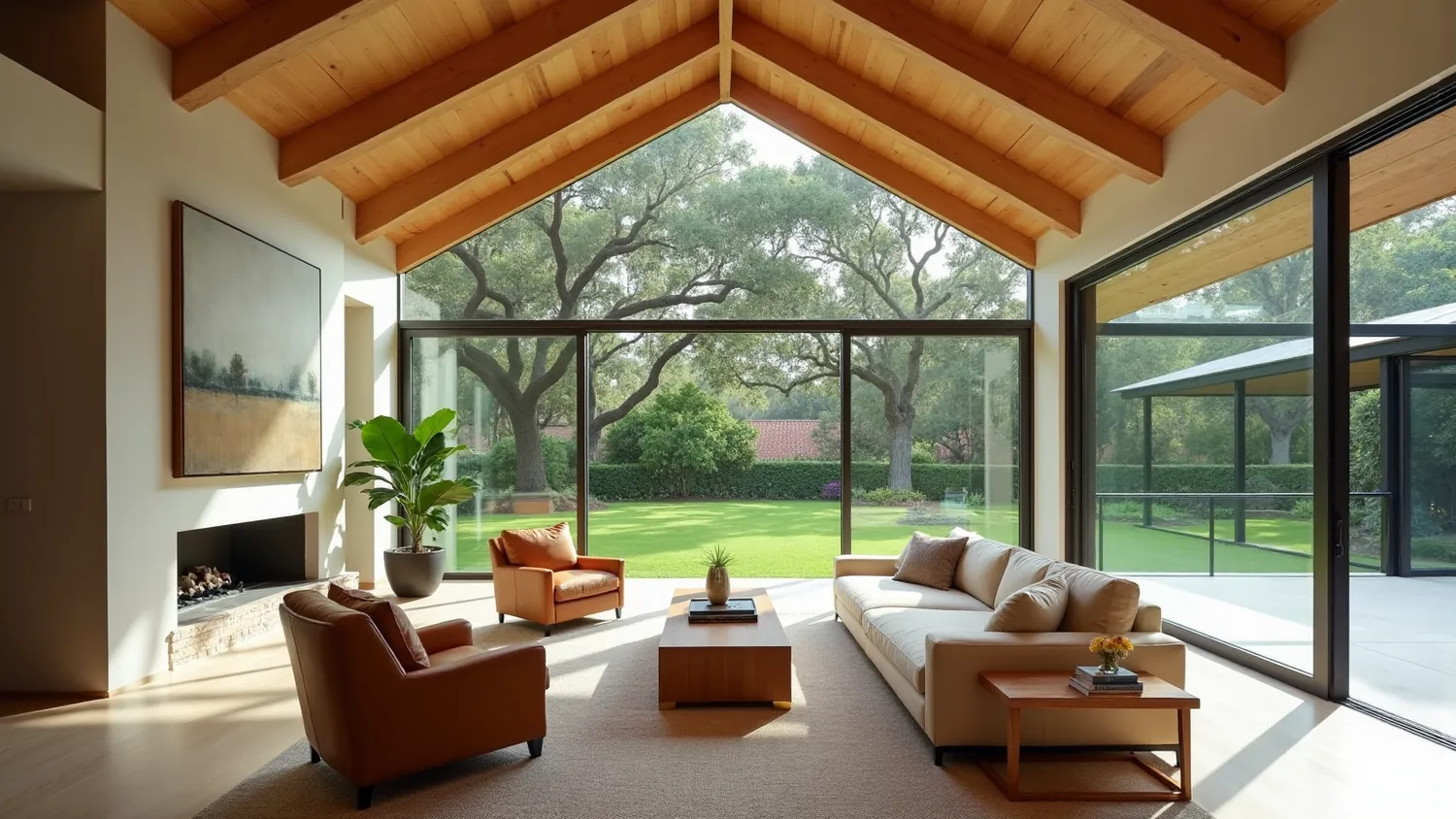 Living room of a Pinecrest house with a high vaulted ceiling of exposed pale timber rafters, a gabled glass wall and sliding doors opening to a lawn shaded by very large mature oak trees, a honed limestone fireplace on the left, and generous ivory and caramel leather seating around a solid timber table
