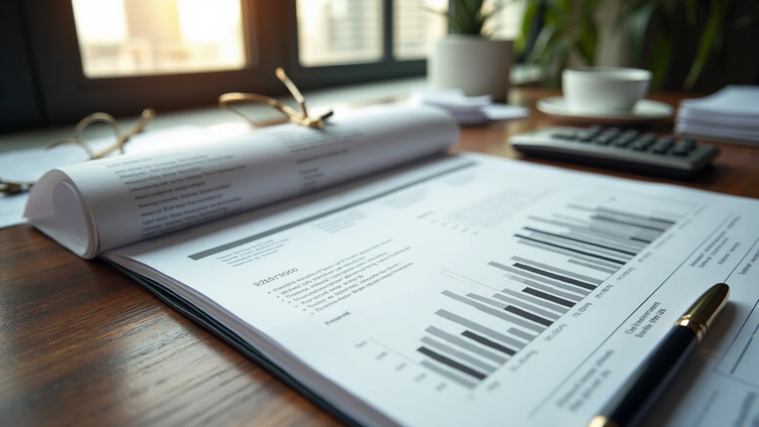 Close view across a dark walnut desk of a bound condominium reserve study lying open at a page of printed bar charts, with a rolled drawing, folded gold rimmed reading glasses, a calculator, a black pen and a white coffee cup, and a window onto a Miami tower behind
