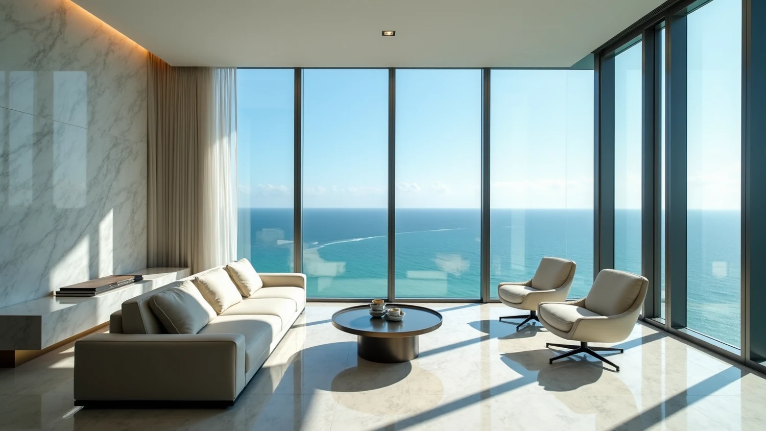 Living room high in an oceanfront tower in Sunny Isles Beach, where a full height glass wall wraps the corner over open ocean far below, with a book matched marble feature wall and integrated shelf on the left, a pale oyster sofa, two ivory swivel chairs and a round bronze table on polished marble floor