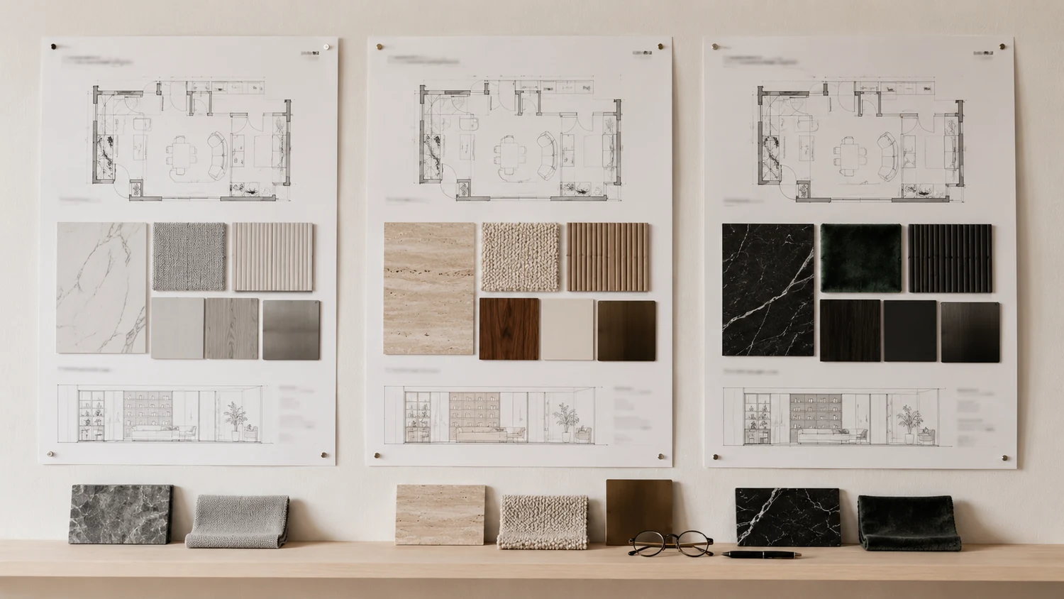 Three presentation boards for the same Miami apartment pinned side by side on a studio wall, one cool grey scheme, one warm cream scheme and one dark green scheme, with loose stone and fabric samples resting on a pale oak ledge below