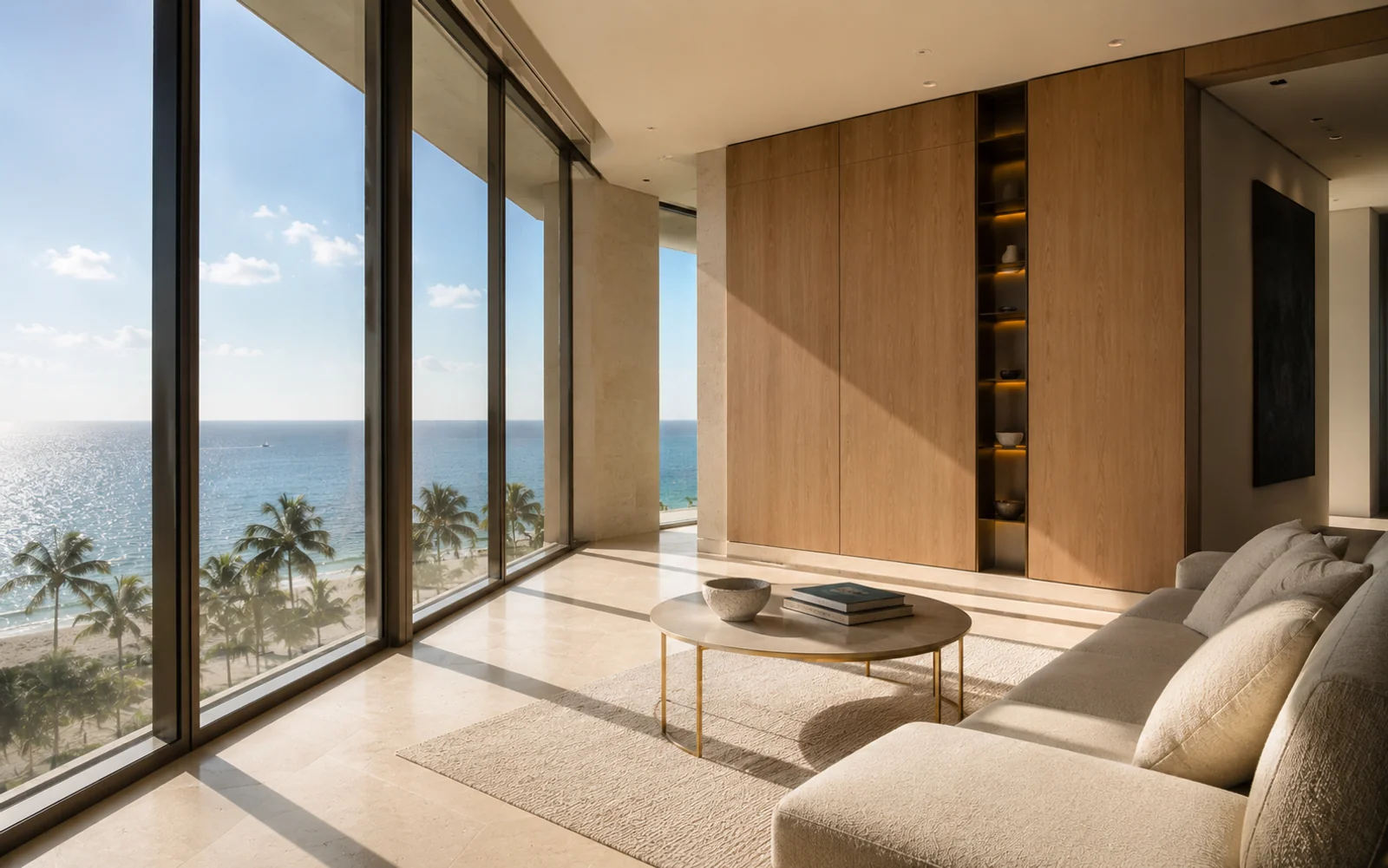 Luxury Miami living room seen toward a wall of impact glass with slim dark frames, showing how the transmitted daylight falls across pale stone flooring and warm oak joinery