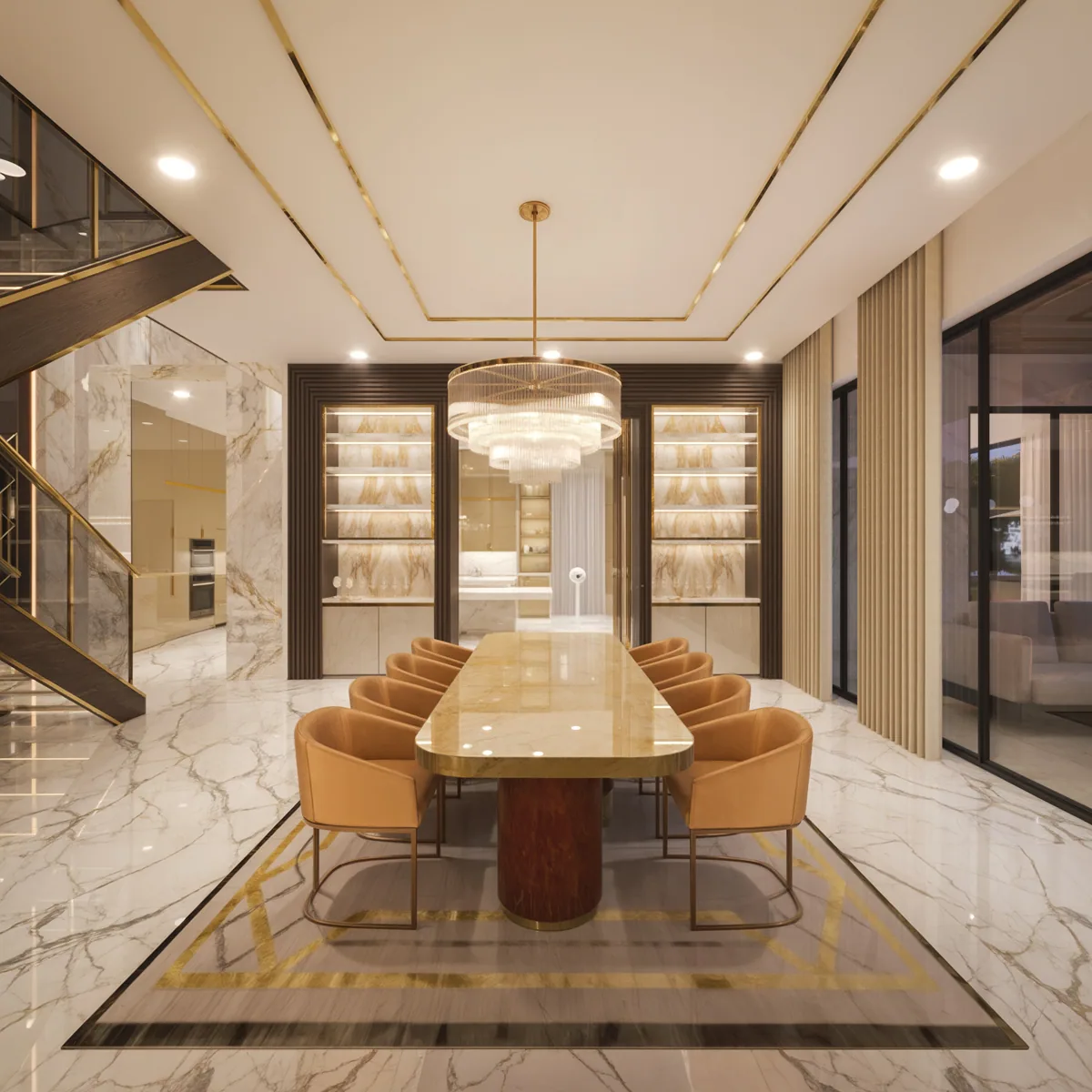 Formal dining room at the Balla Residence in Doral, Florida, with a long stone table, tan leather chairs and a circular ring chandelier