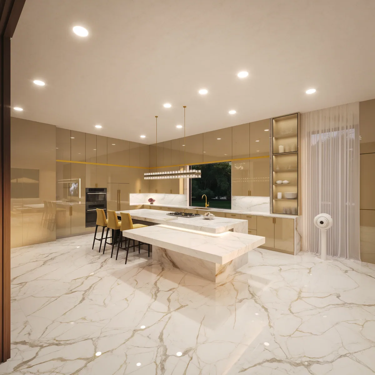 Kitchen at the Balla Residence in Doral, Florida, with a waterfall marble island, brass bar stools and backlit glass cabinetry