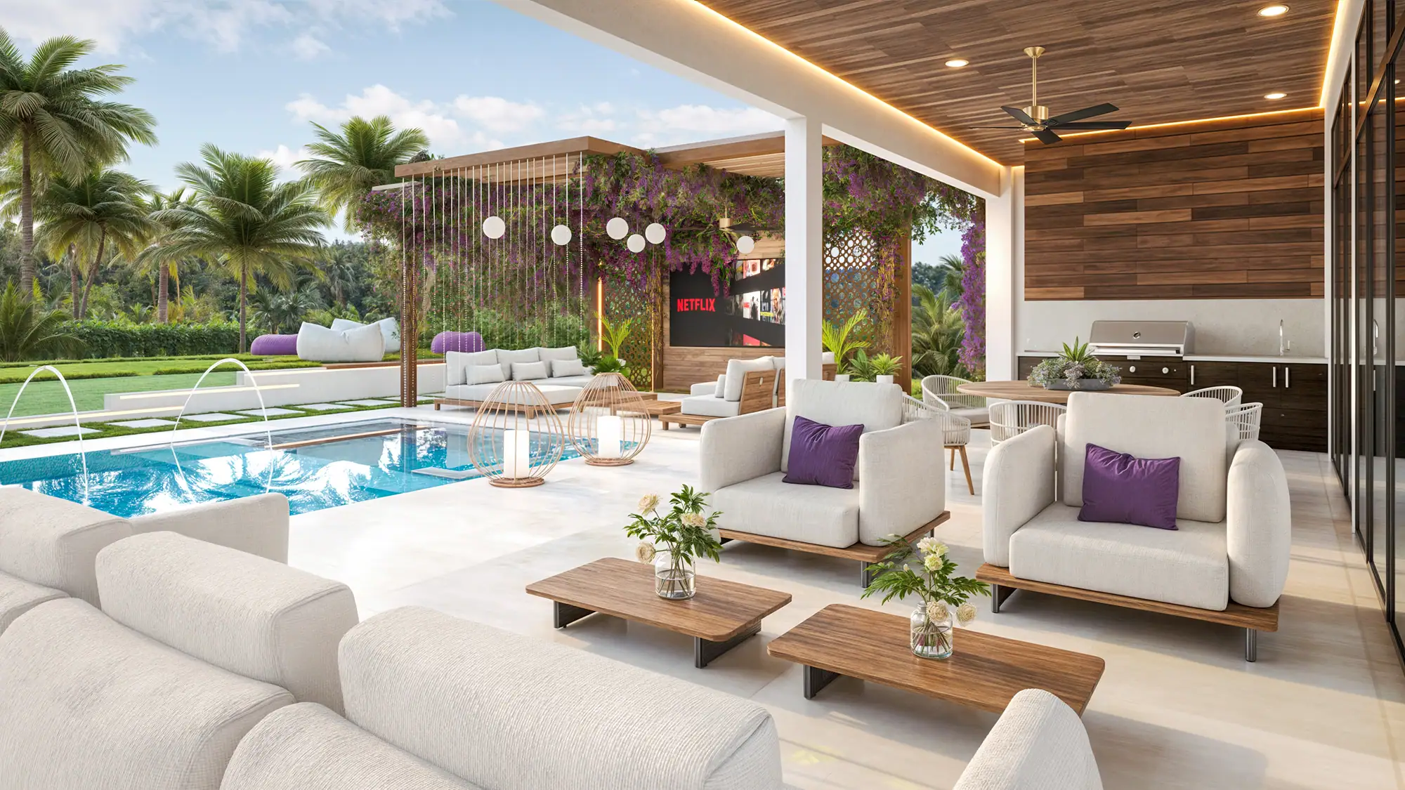 Covered outdoor lounge and pool terrace at the Balla Residence in Doral, Florida, with a wood slat ceiling and white seating