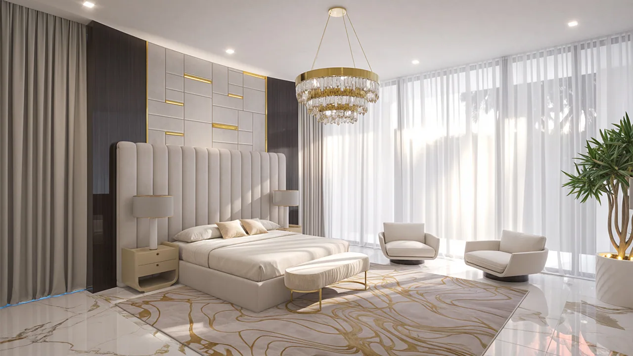 Primary bedroom at the Balla Residence in Doral, Florida, with an upholstered wall panel, crystal chandelier and marble floor