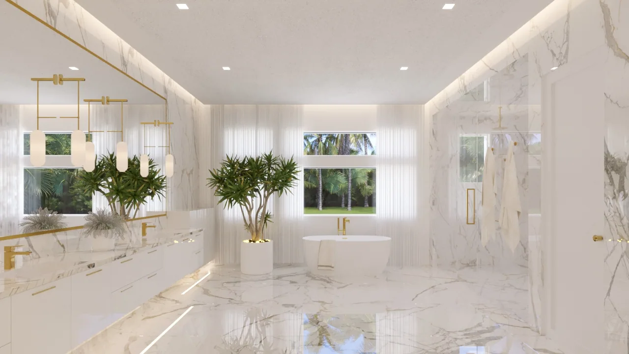 Primary bathroom at the Balla Residence in Doral, Florida, in white marble, with a freestanding tub and potted greenery