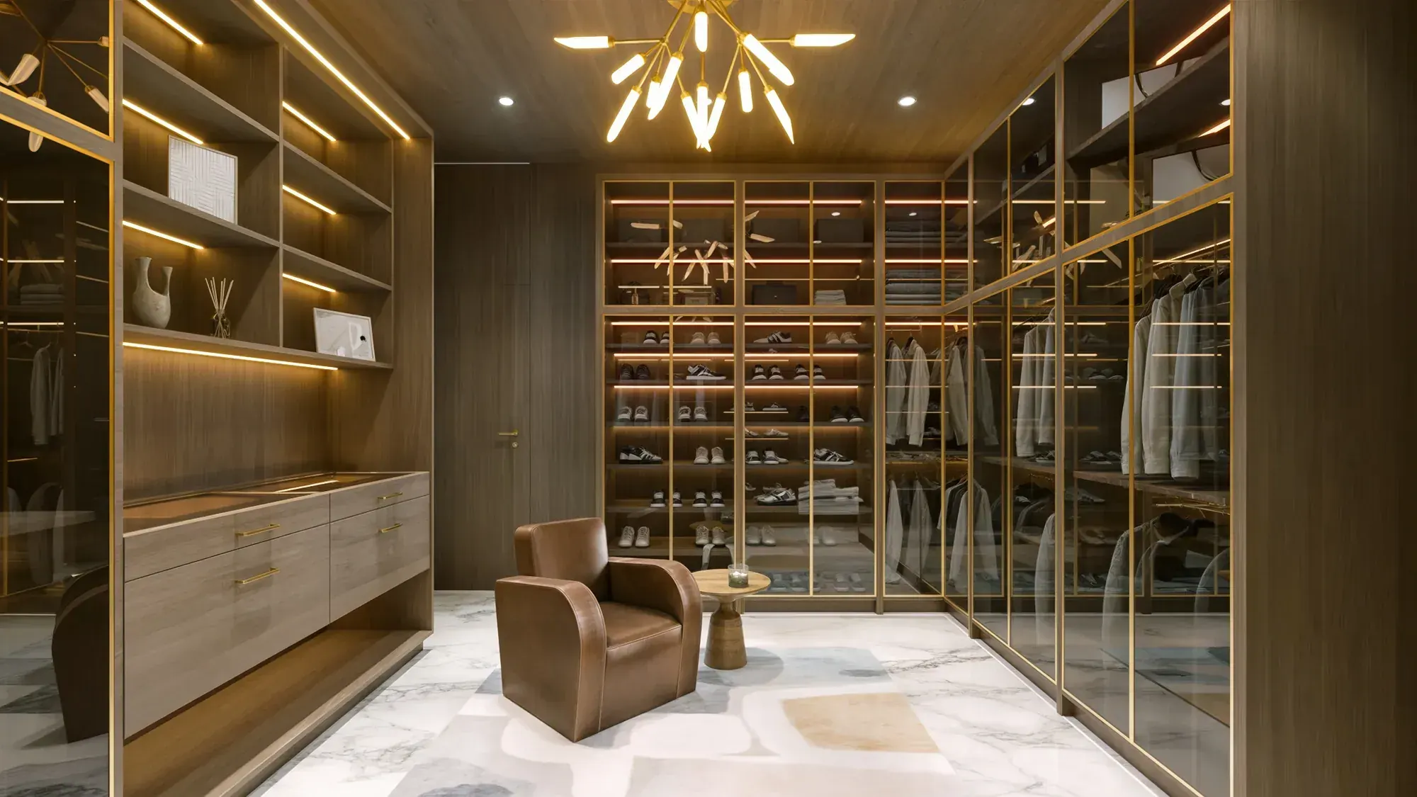 Dark wood dressing room at the Balla Residence in Doral, Florida, with backlit shelving, a starburst chandelier and a leather armchair