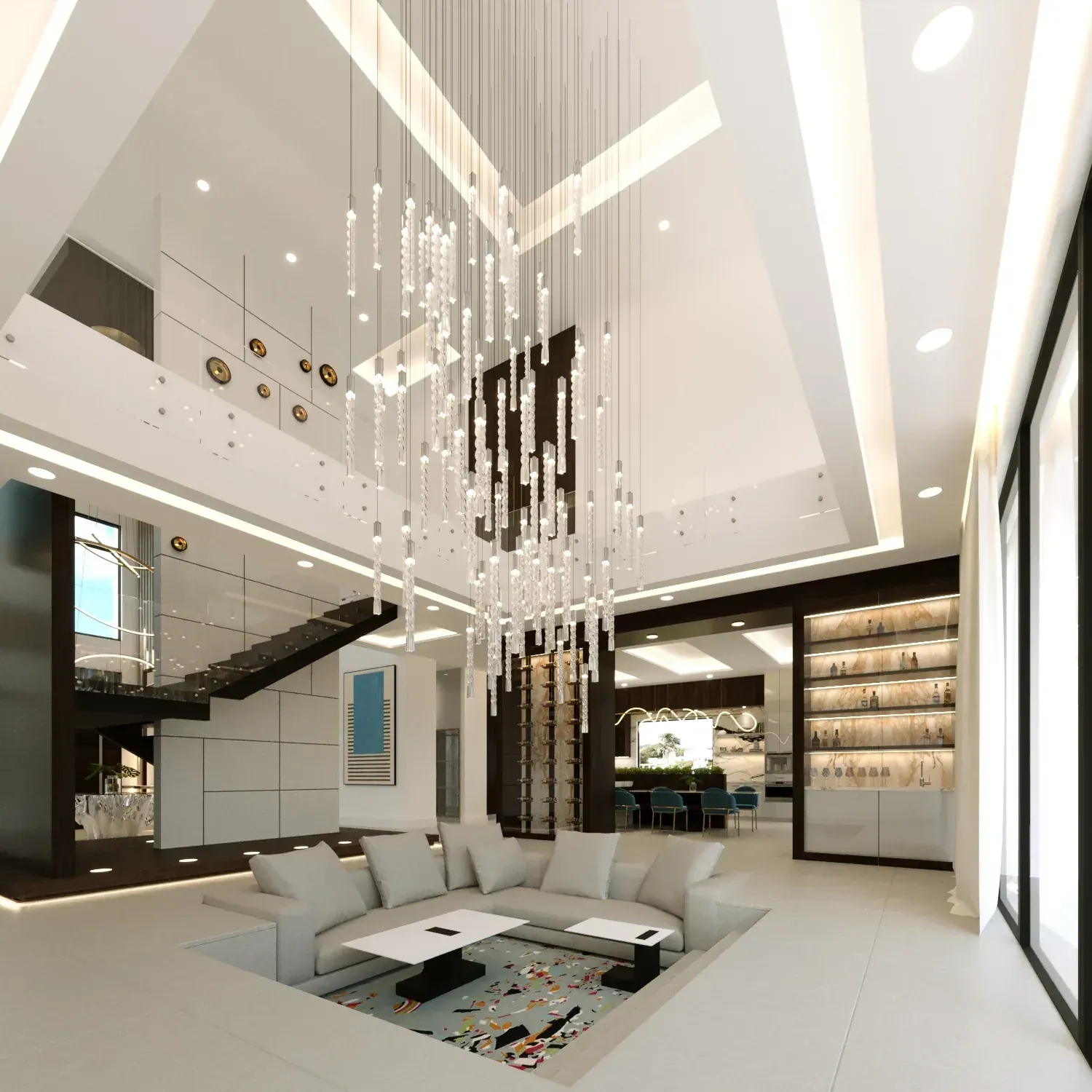 Double-height living room at the Clarkson Residence in Weston, Florida, with a cascading crystal chandelier and full-height windows