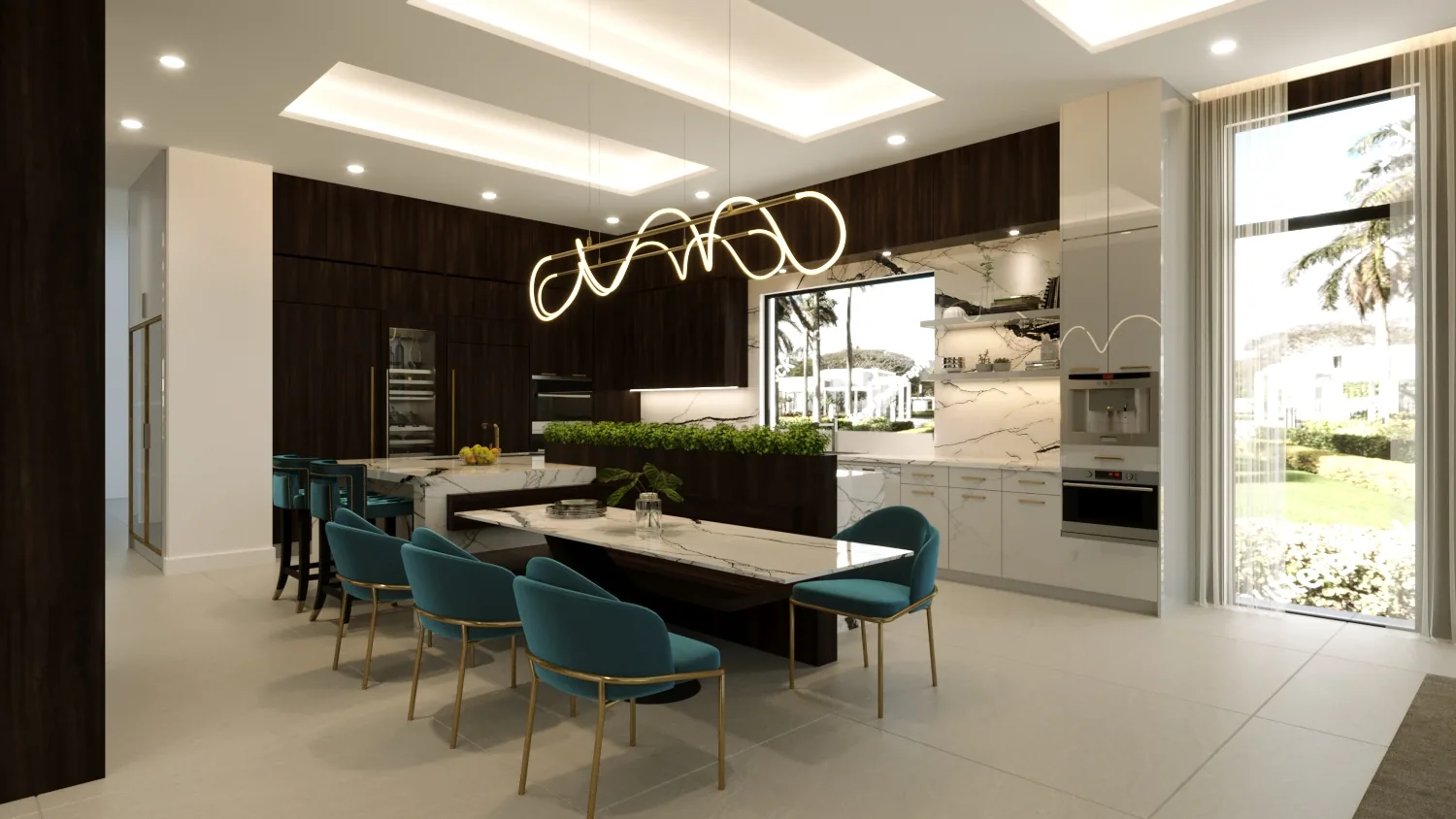 Kitchen and dining area at the Clarkson Residence in Weston, Florida, with dark cabinetry, teal upholstered chairs and a sculptural neon pendant