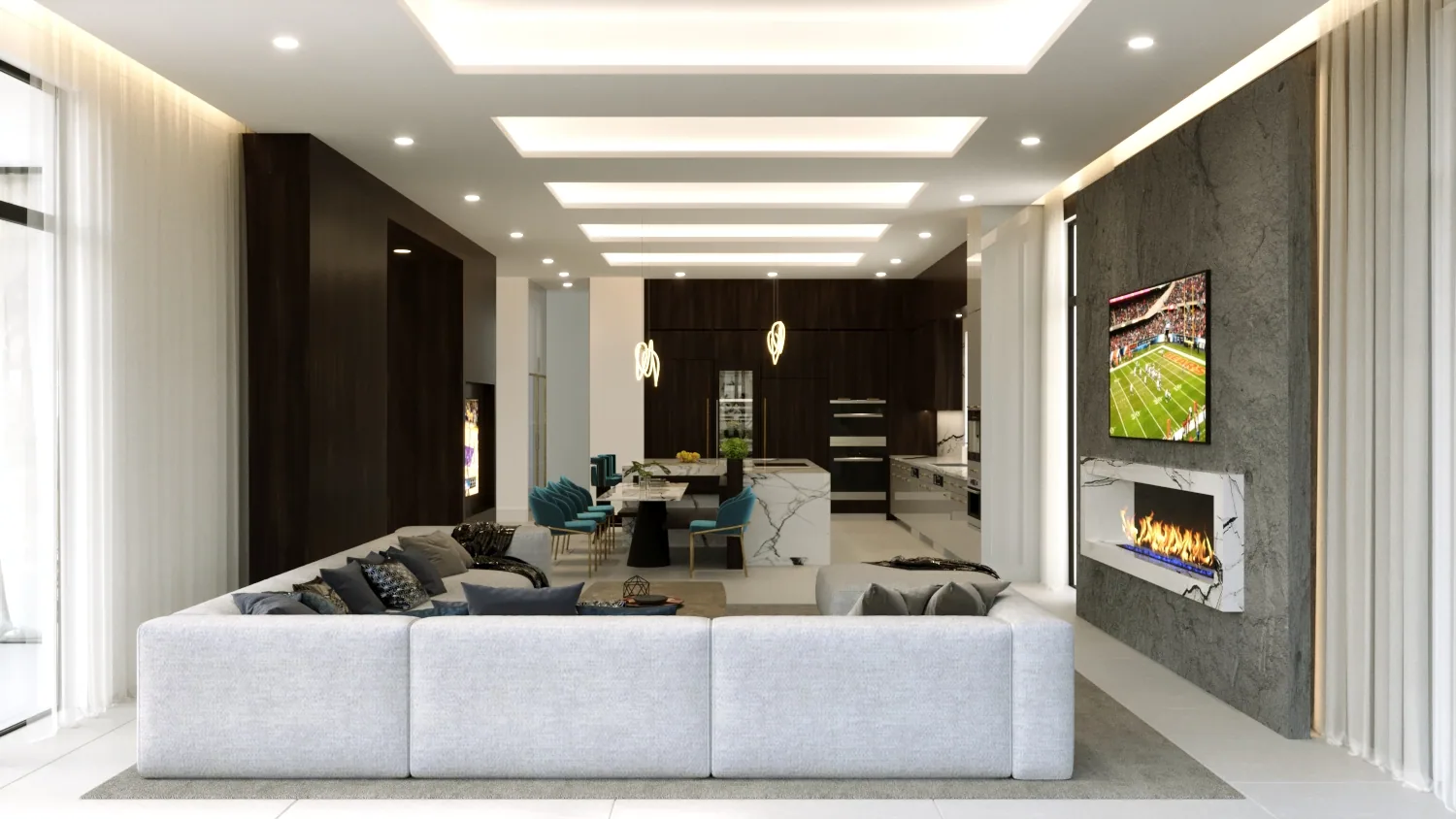 Open living room at the Clarkson Residence in Weston, Florida, with a white sectional, linear fireplace and concrete feature wall