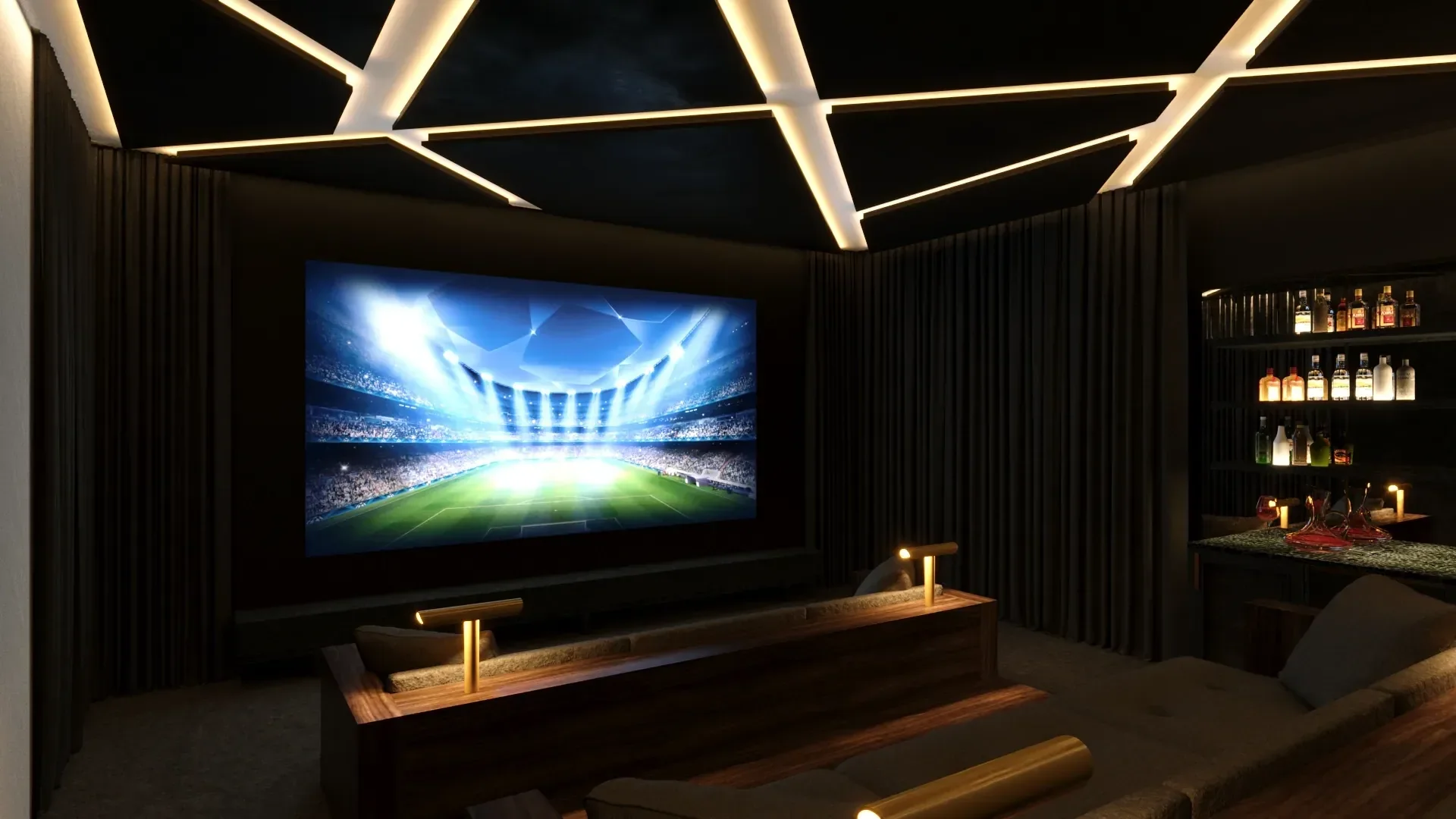 Home theatre at the Clarkson Residence in Weston, Florida, with tiered seating, dark acoustic walls, a linear ceiling light and a bar