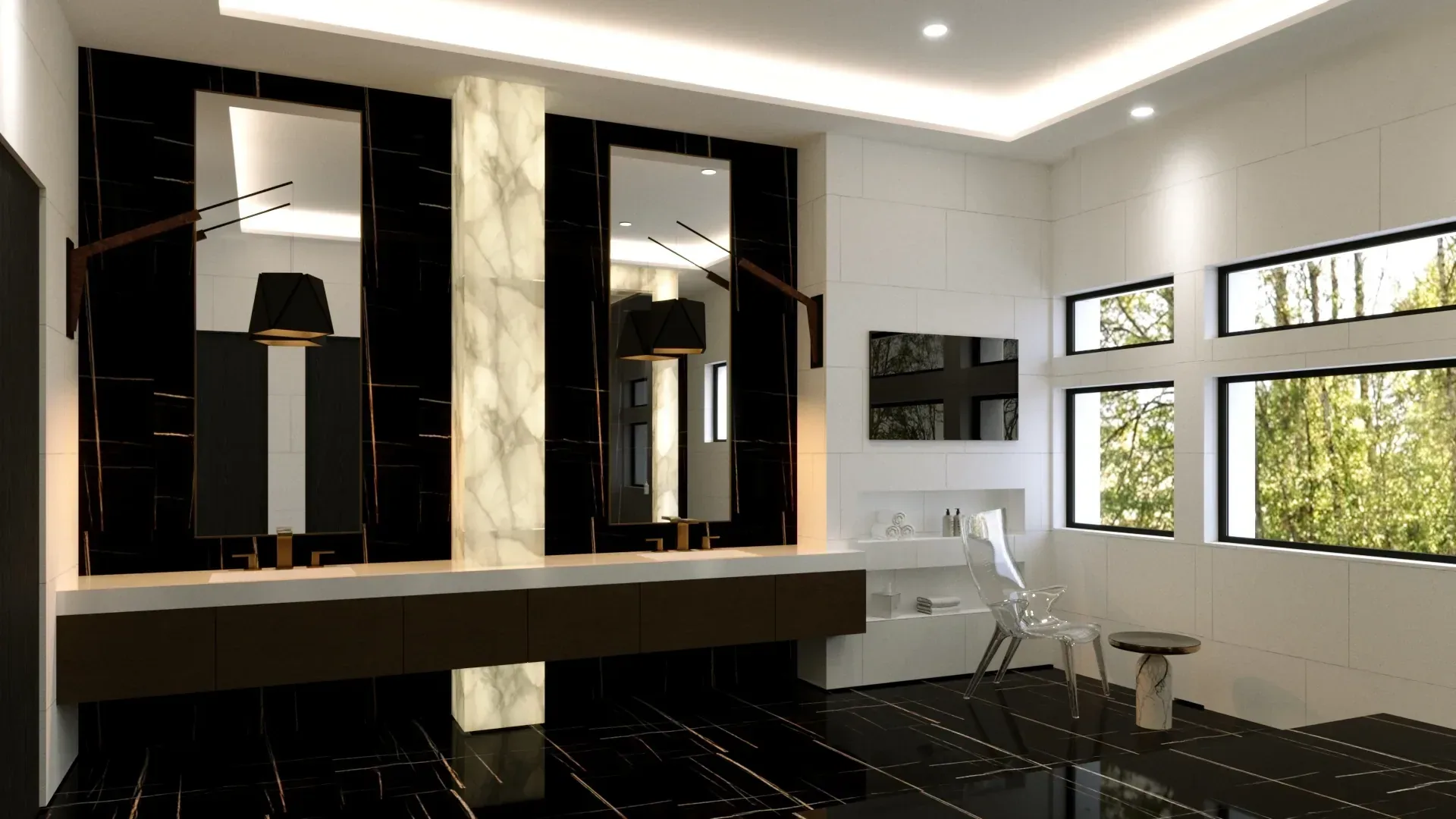 Entry vestibule at the Clarkson Residence in Weston, Florida, with black marble floors, mirrored panels and a floating console
