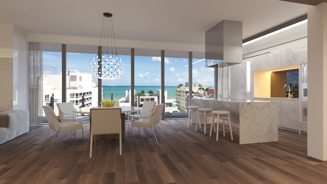 Open living and dining area of the Glass Residence penthouse in Miami Beach, Florida, with floor-to-ceiling glass and an ocean view