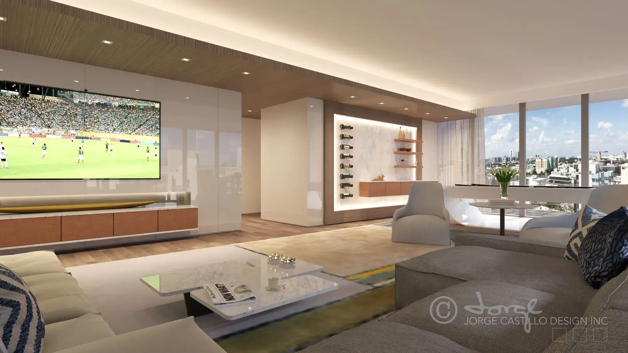 Media lounge in the Glass Residence penthouse in Miami Beach, Florida, with a wood ceiling, wall-mounted screen and skyline views
