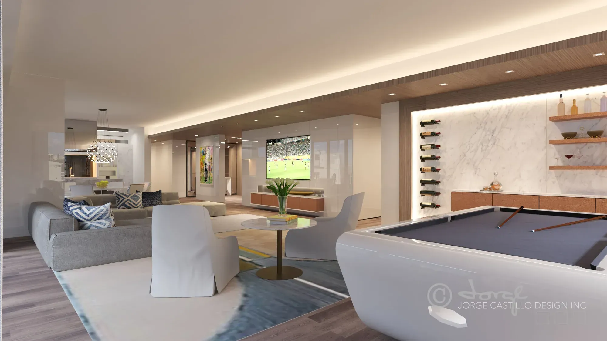 Games and living area in the Glass Residence penthouse in Miami Beach, Florida, with a pool table and panoramic windows