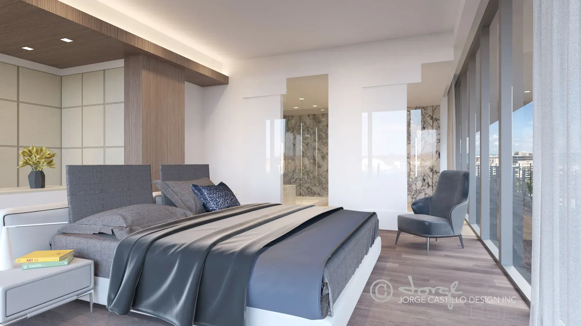 Primary bedroom in the Glass Residence penthouse in Miami Beach, Florida, with an upholstered headboard wall and city views