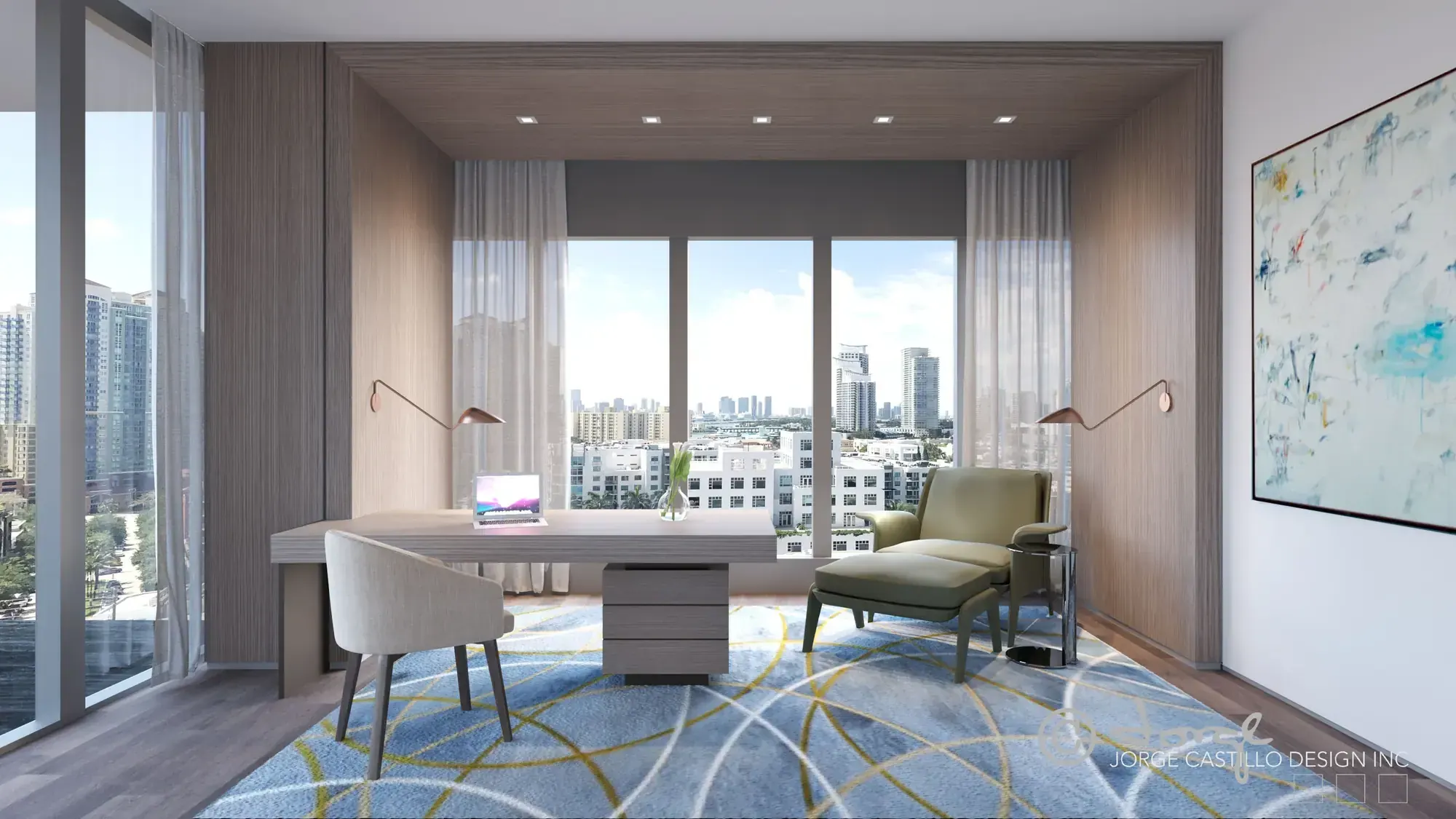 Home office in the Glass Residence penthouse in Miami Beach, Florida, with a patterned blue rug, abstract artwork and skyline views