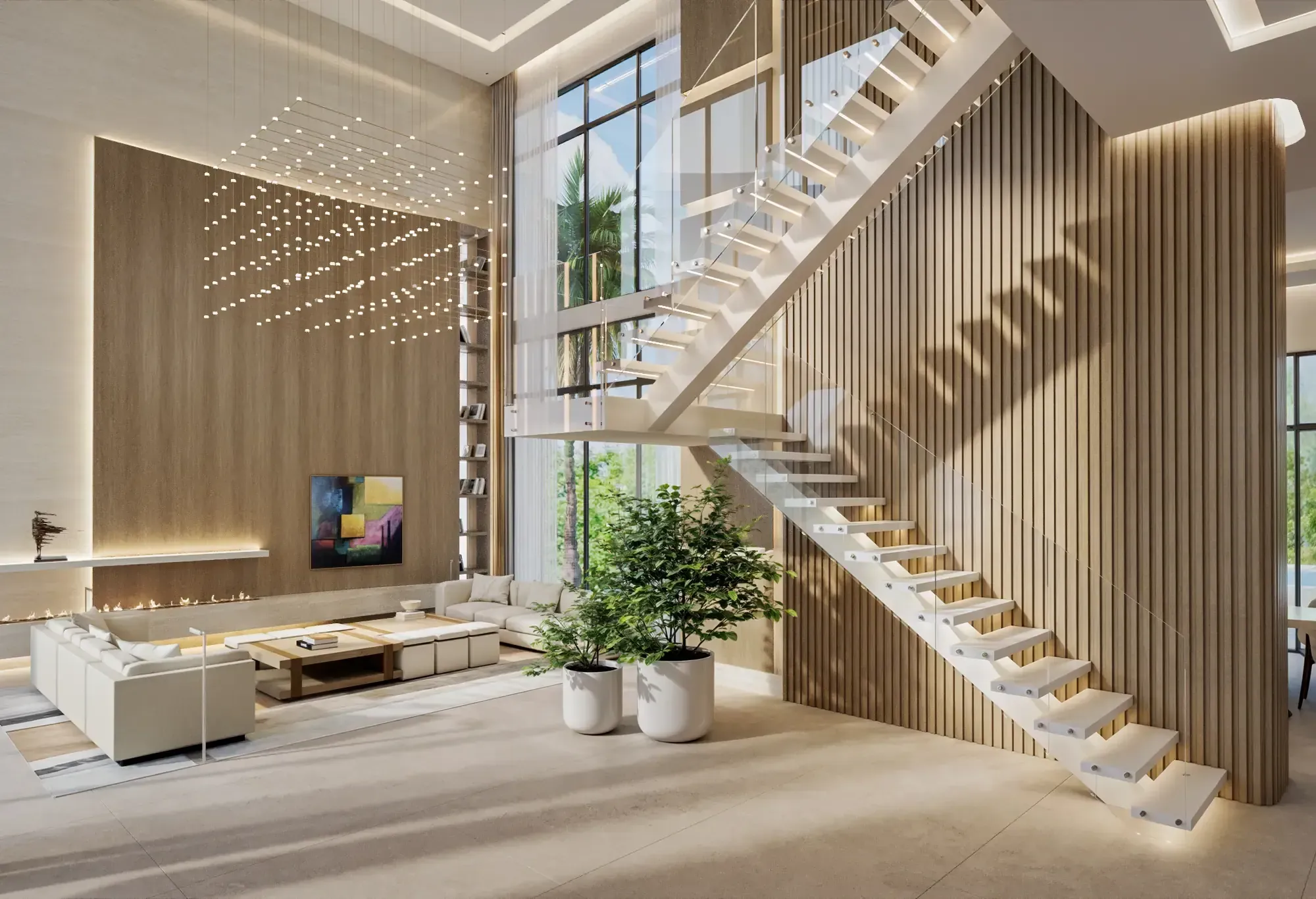 Double-height living room at the Nusbaum Residence in Davie, Florida, with a floating staircase, wood slat feature wall and linear fireplace