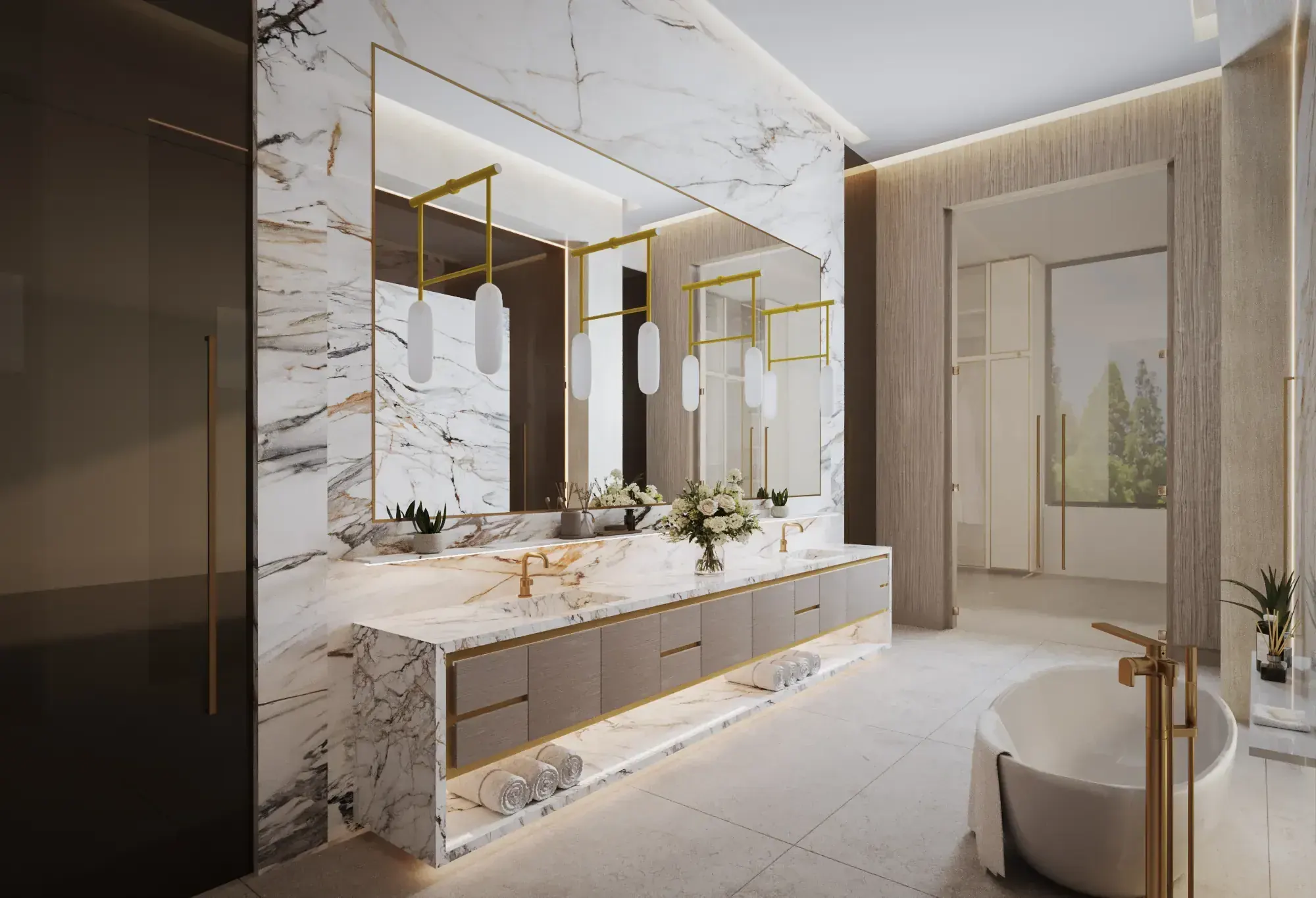 Primary bathroom at the Nusbaum Residence in Davie, Florida, with a marble double vanity, brass fixtures and a freestanding tub