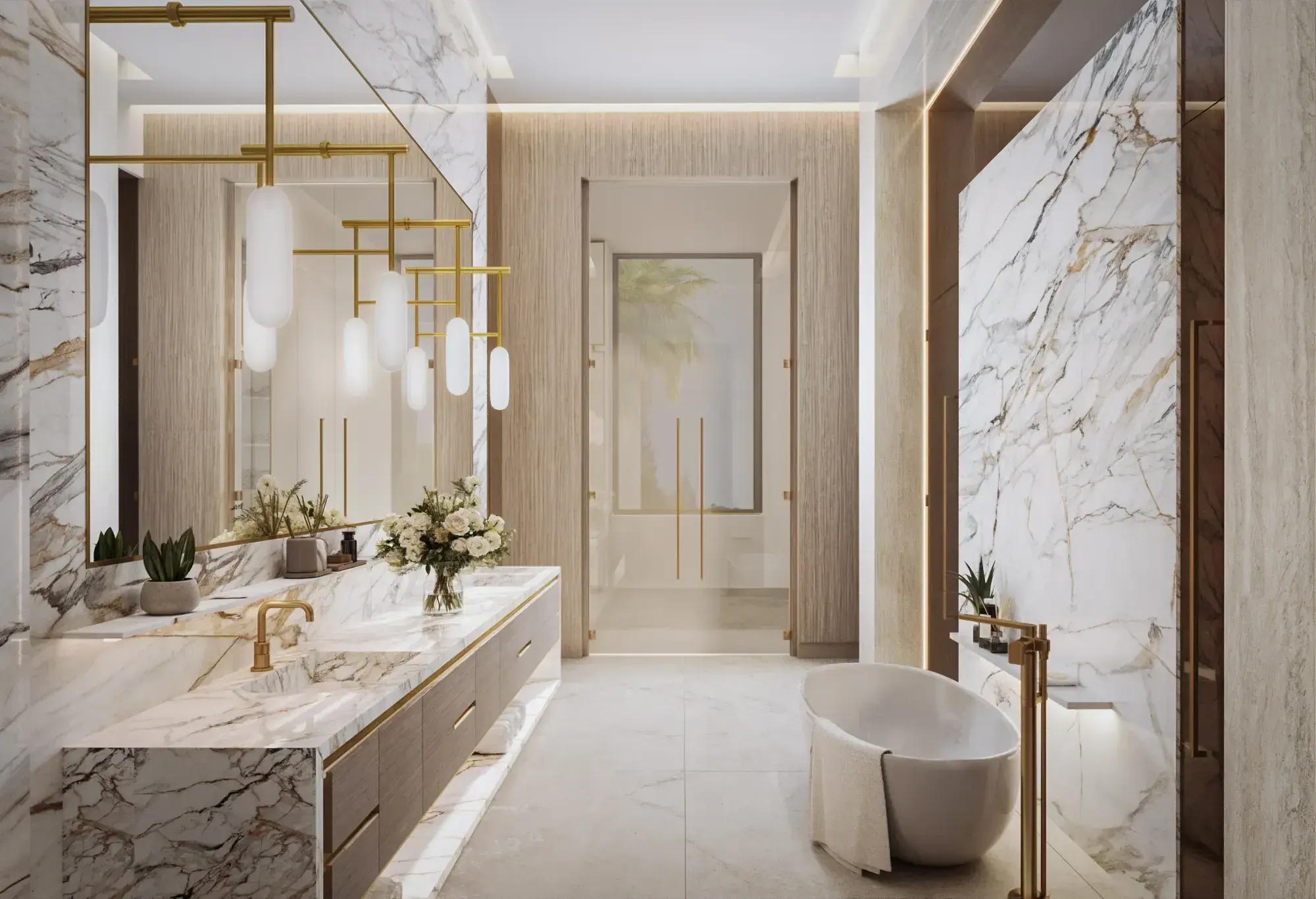 Marble vanity and freestanding tub in the primary bathroom of the Nusbaum Residence in Davie, Florida