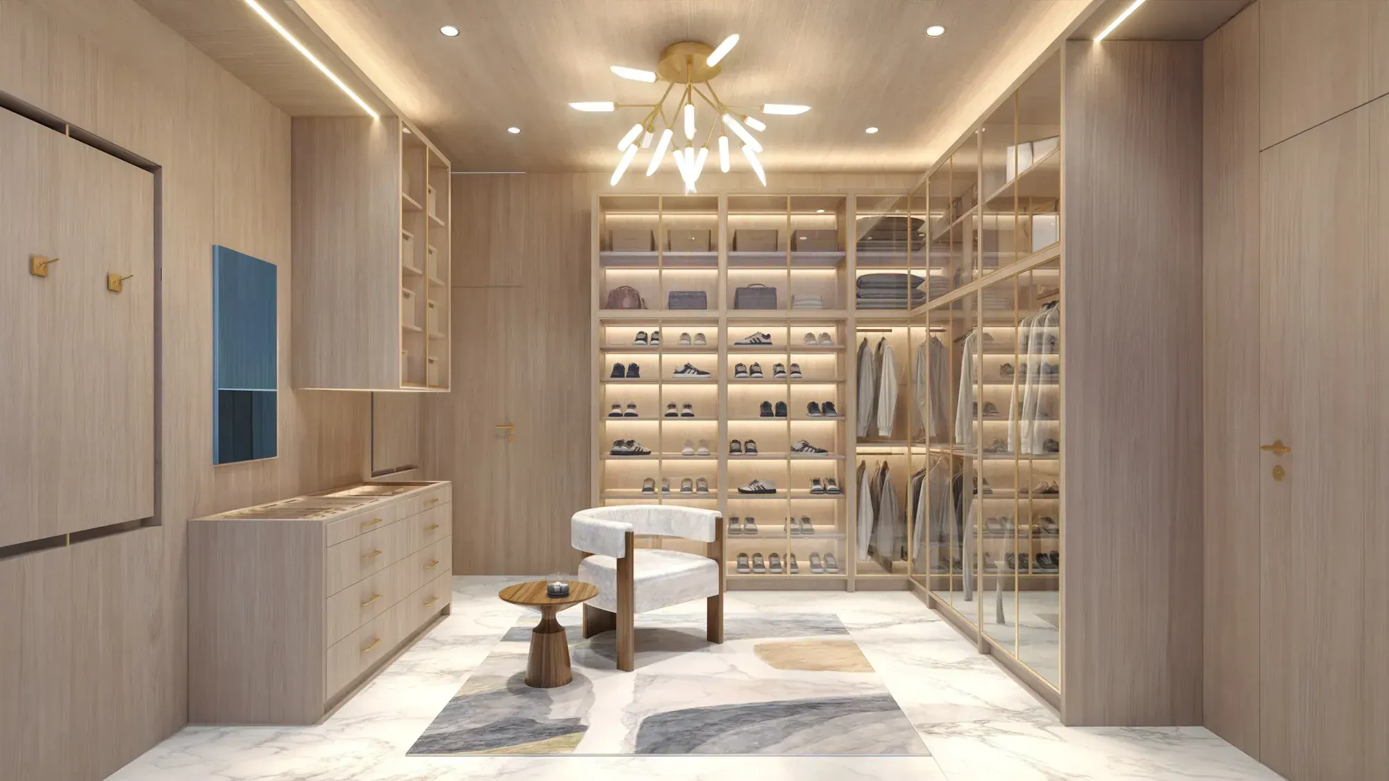 Walk-in closet at the Nusbaum Residence in Davie, Florida, with pale wood joinery, glass display shelving and a central island