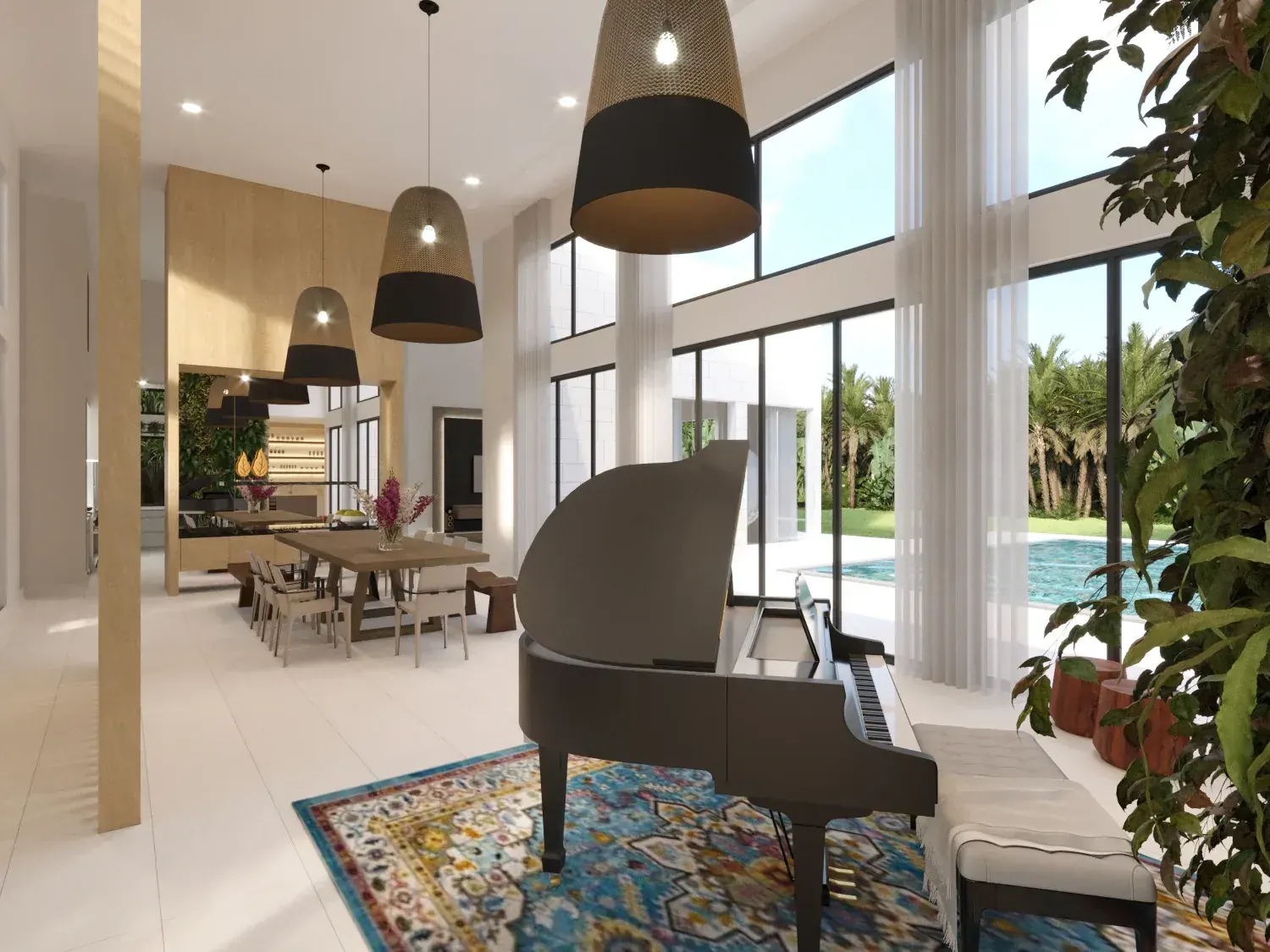 Great room at the Ong-Sapla Residence in Fort Lauderdale, Florida, with double-height windows, a grand piano and pool views