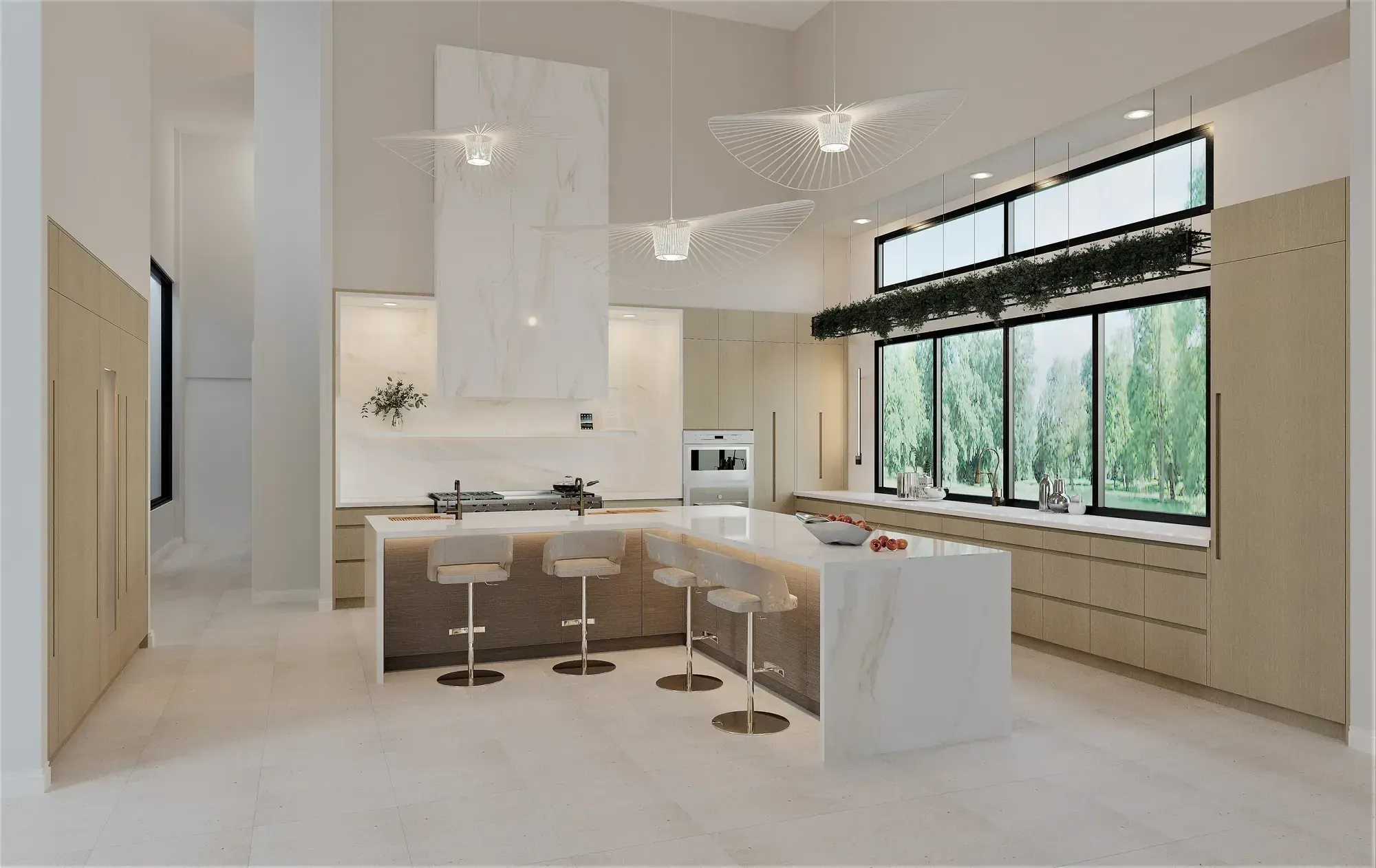 Kitchen at the Ong-Sapla Residence in Fort Lauderdale, Florida, with a marble range hood, waterfall island and garden window