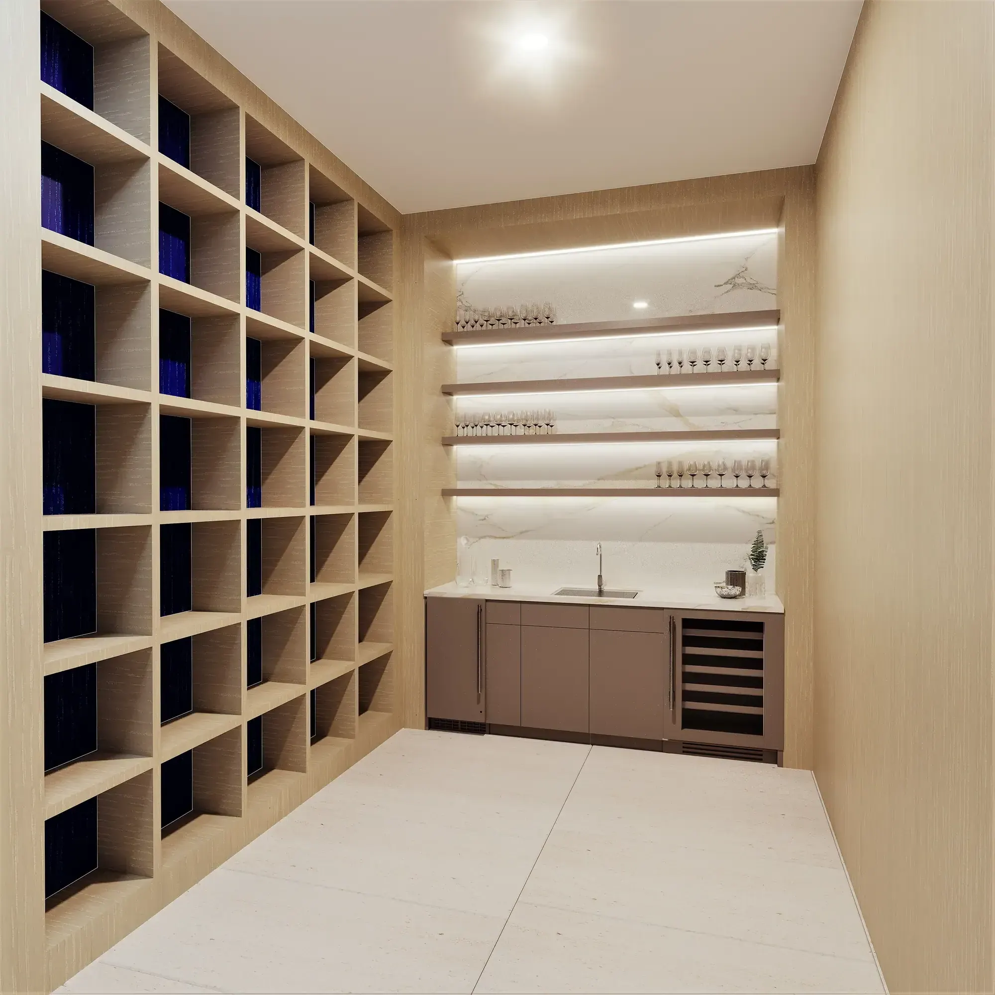 Wine and pantry room at the Ong-Sapla Residence in Fort Lauderdale, Florida, with floor-to-ceiling wood storage and a prep counter
