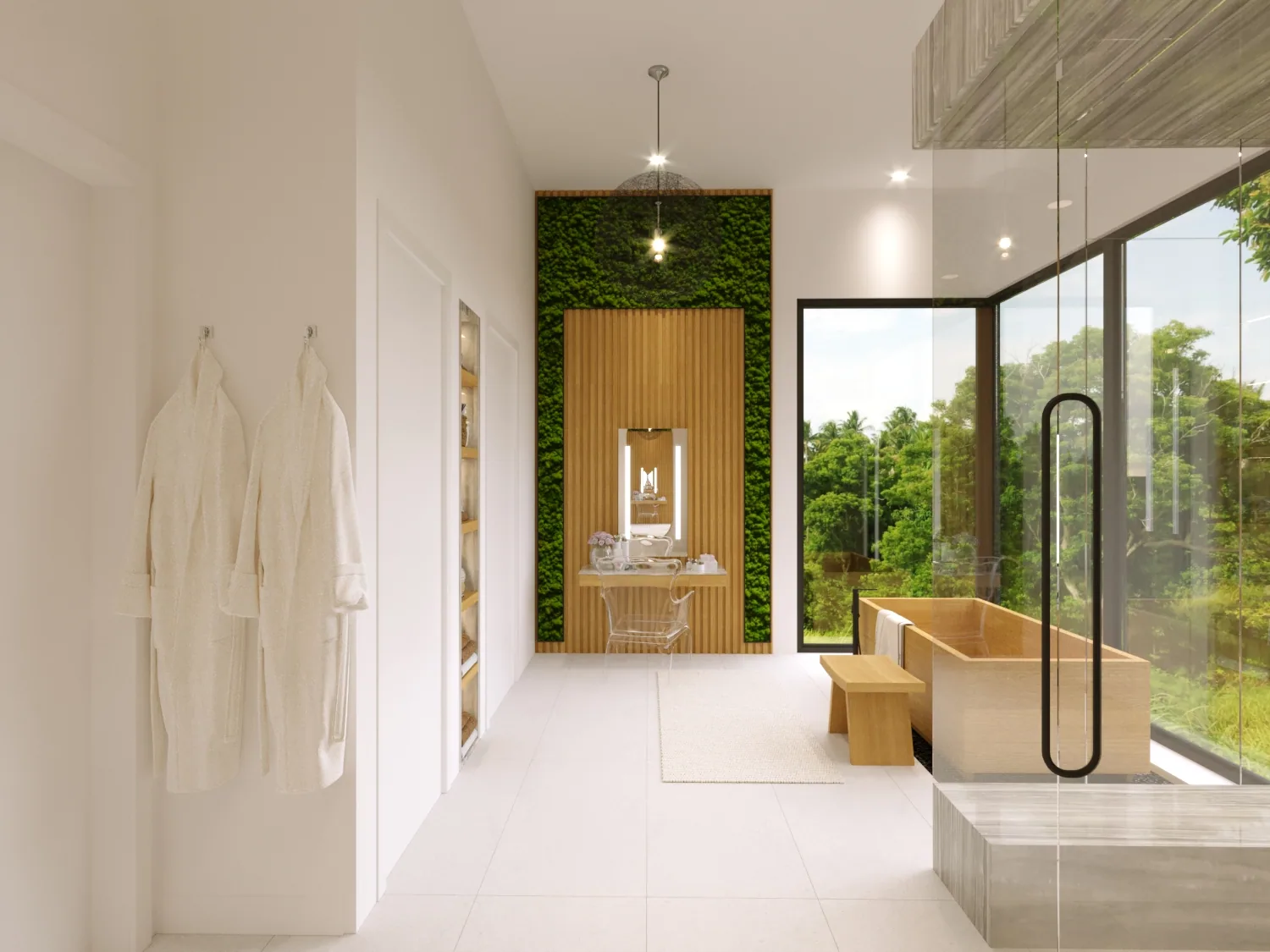 Spa bathroom at the Ong-Sapla Residence in Fort Lauderdale, Florida, with a living green wall, wooden soaking tub and hanging robes