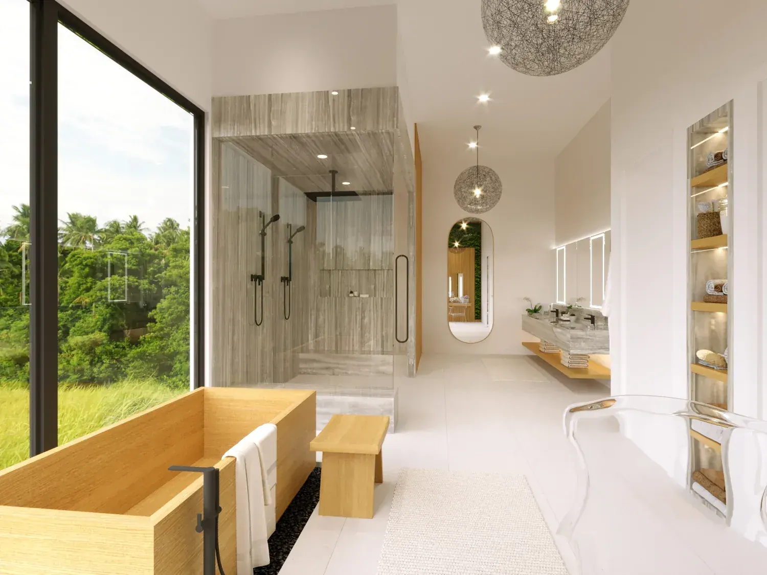Spa bathroom at the Ong-Sapla Residence in Fort Lauderdale, Florida, with a wooden soaking tub, walk-in shower and full-height garden glazing