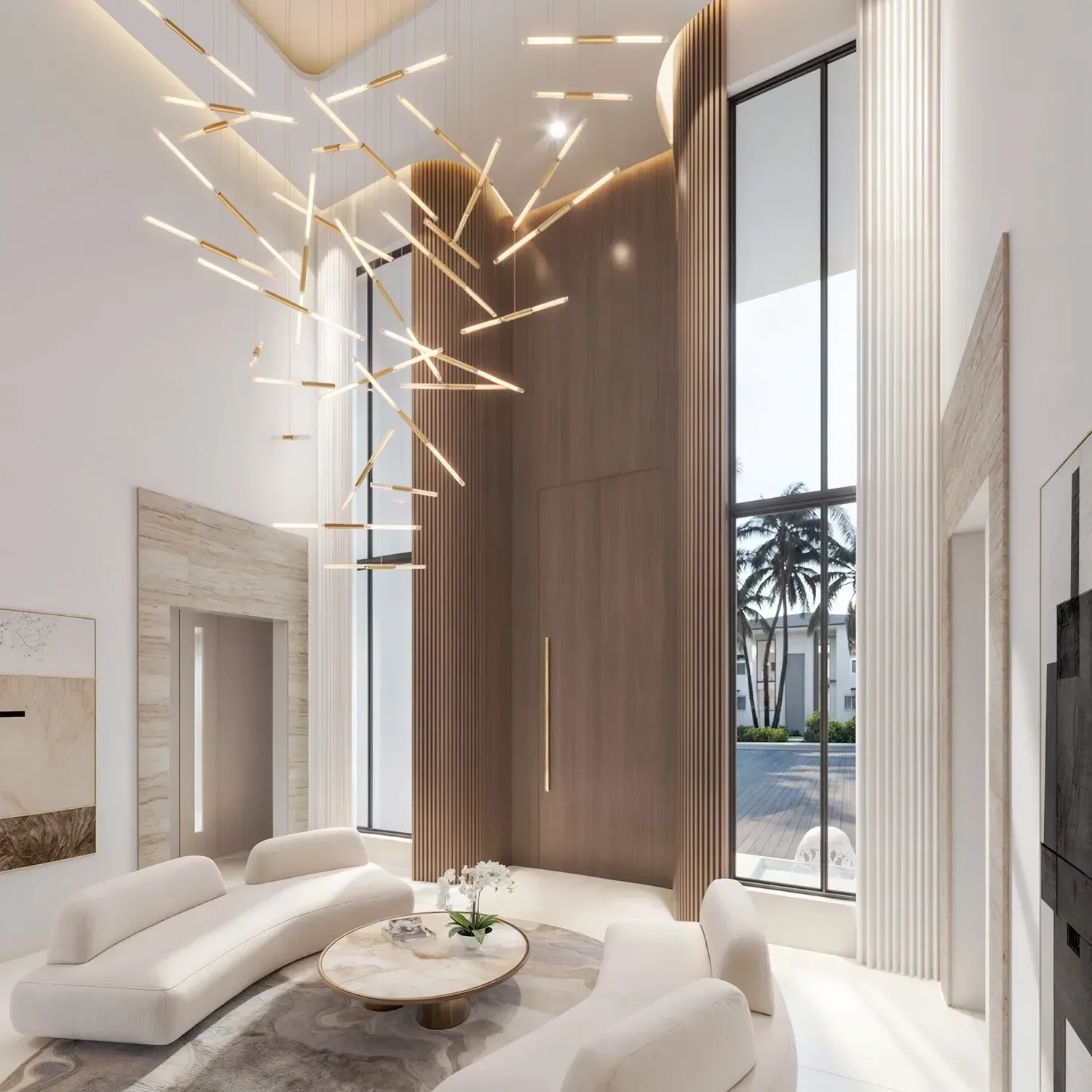 Great room at the Rosenberg Residence in Davie, Florida, with a spiked brass chandelier, wood feature wall and curved white seating